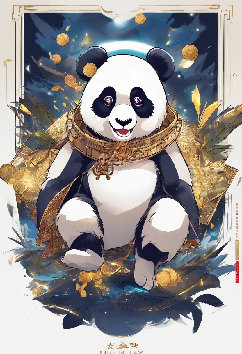 An anime scene in which a giant panda as the main character growls and shows great power., The background is a full moon.。, There are bamboo fighting groups in many areas.,TRENDS ON CGSTATION, Beautiful art illustrations, Drake-style digital art details, Fantasy anime illustration, Guviz-style artwork, Digital illustration of poster logo, by Yang J, Durian in different areas, And silver and gold coins flying all over the area.. pixiv contest winner, Trends on Artstation Pixiv, Brand Product Logo 5 stars, Bamboo Business, fantasy, The Dark Side,