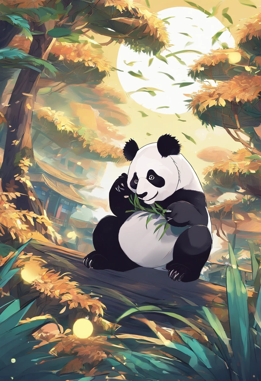 An anime scene in which a giant panda as the main character growls and shows great power., The background is a full moon.。, There are bamboo fighting groups in many areas.，TRENDS ON CGSTATION, Beautiful art illustrations, Drake-style digital art details,  Fantasy anime illustration, Guviz-style artwork, Digital illustration of poster logo, by Yang J, Durian in different areas, And silver and gold coins flying all over the area.. pixiv contest winner, Trends on Artstation Pixiv, Brand Product Logo 5 stars, Bamboo Business, fantasy, The Dark Side,
