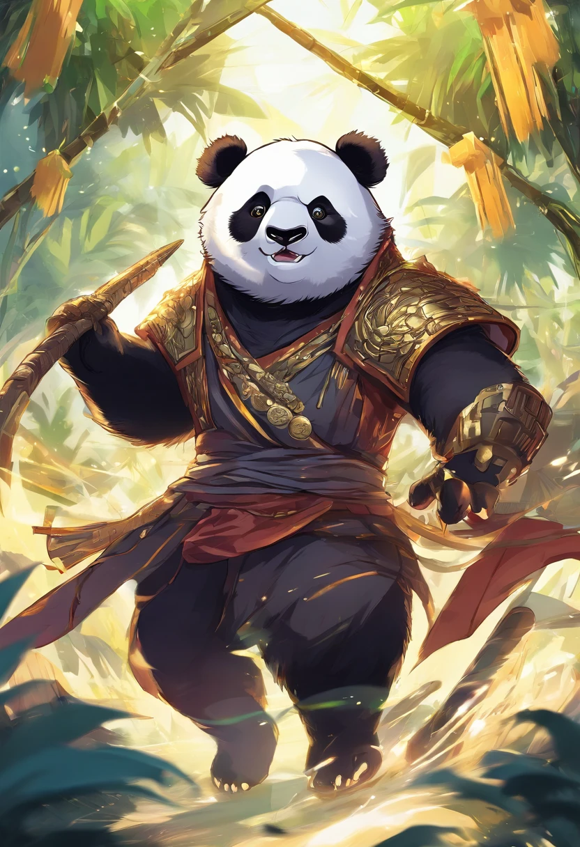An anime scene with a giant panda as the main character roaring and showing great power., The background is a full moon.。, There are bamboo fighting groups in many areas.,Trends on CGSTATION, Beautiful artistic illustration, Drake-style digital art details, Fantasy anime illustration, Guviz-style artwork, Digital illustration of the poster logo, by Yang J, Durian in different regions, There were also gold and silver coins flying all over the region.. pixiv contest winner, trends on ArtStation Pixiv, Brand product logo 5 stars, Bamboo business, fantasy, The dark side,