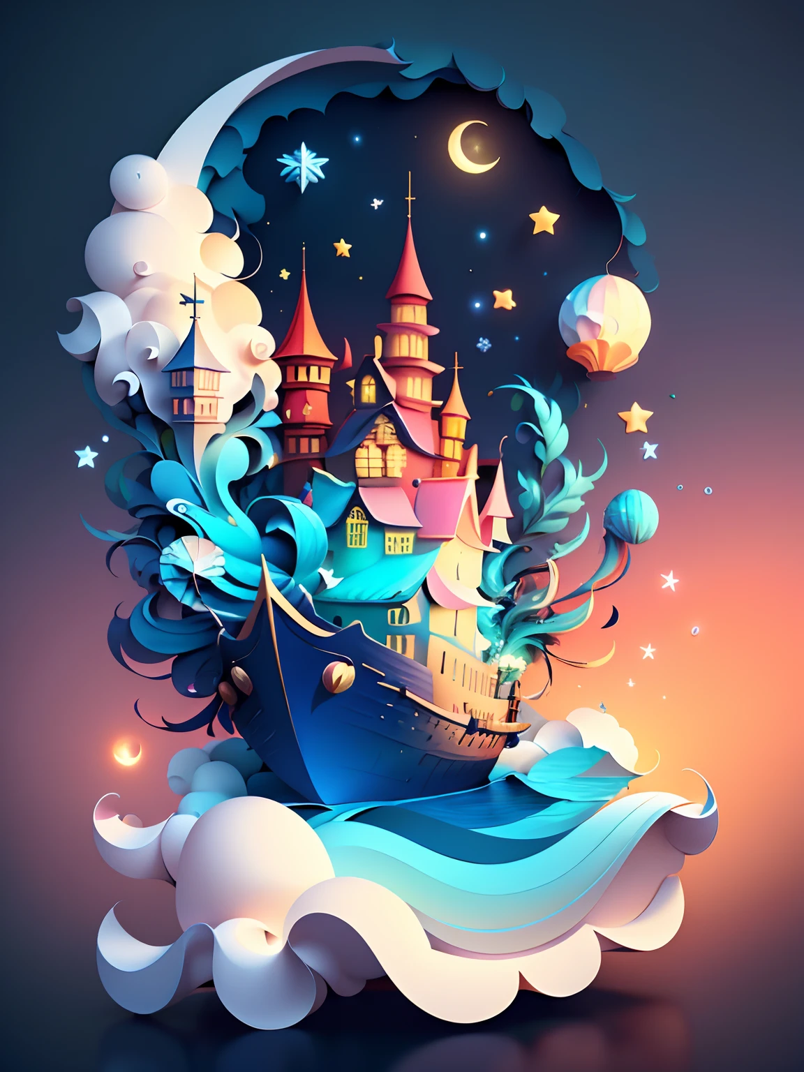 (((masterpiece))),best quality, illustration, sky, cloud, water, star \(symbol\), tree, no humans, night, bird, moon, building, star \(sky\), night sky, scenery, starry sky, watercraft, castle, ship, swirling, whirling, spiral, braids, twirl, bioluminescent, waves, tower, boat. vibrant color scheme, Soft light,(warm color:1.2),Water color painting, light background, best quality exquisite details,3d rendering,Octane render, pastel, paper_cut, fluffy puffy white clouds,