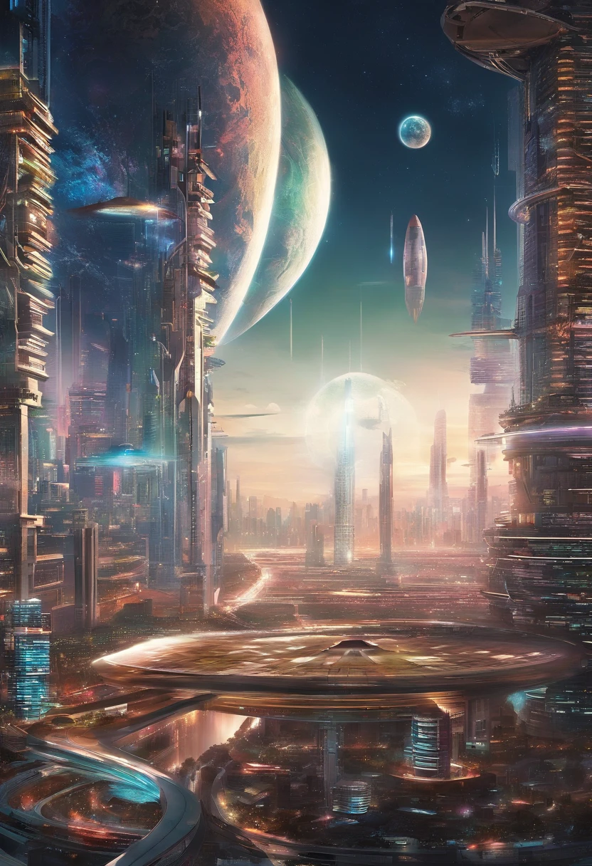 cyberpunked、Futuristic skyline with skyscrapers,超A high resolution,planet earth,SFart by,Glass skyscrapers,Space City,epcot,A world far beyond the imagination of mankind,A building that far exceeds human imagination,Constructs,dream,masterpiece,