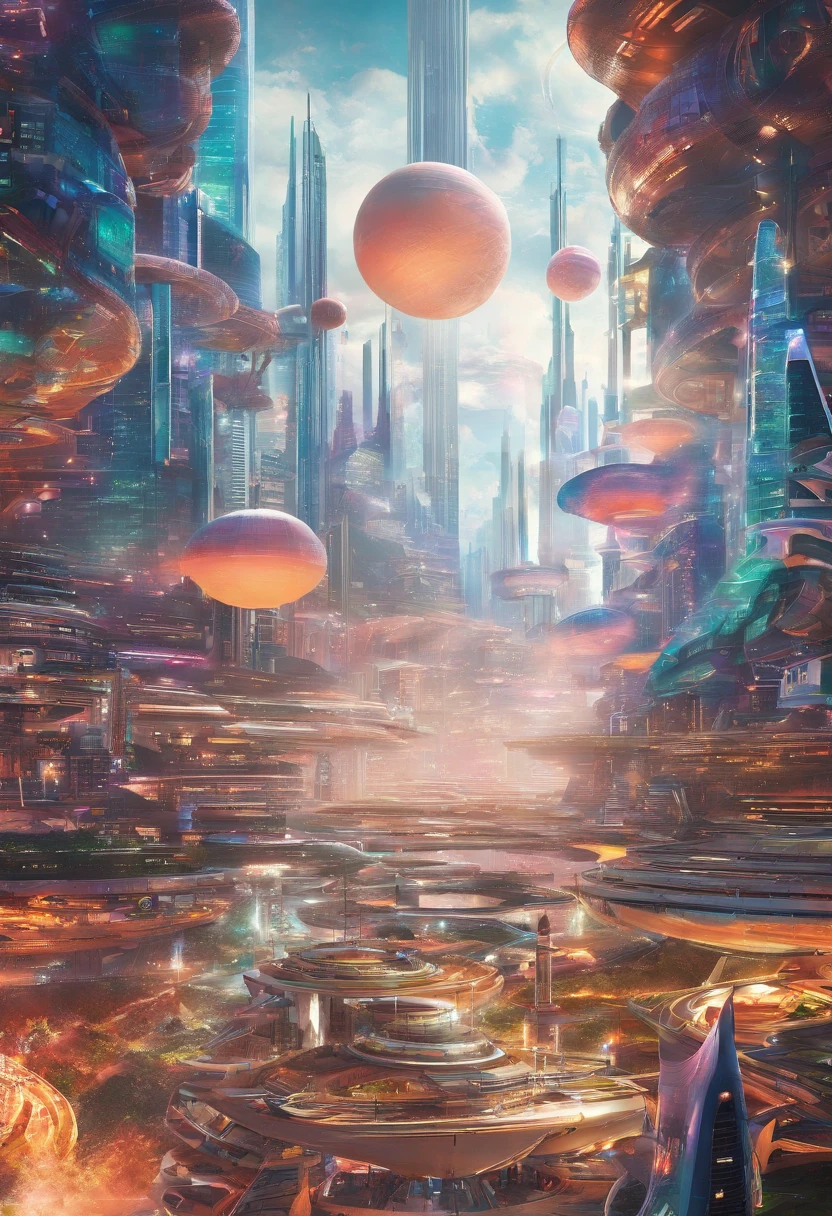 cyberpunked、Futuristic skyline with skyscrapers，超A high resolution，planet earth，ＳＦart by，Glass skyscrapers，Space City，epcot，A world far beyond the imagination of mankind，A building that far exceeds human imagination，Constructs，dream，​masterpiece，
