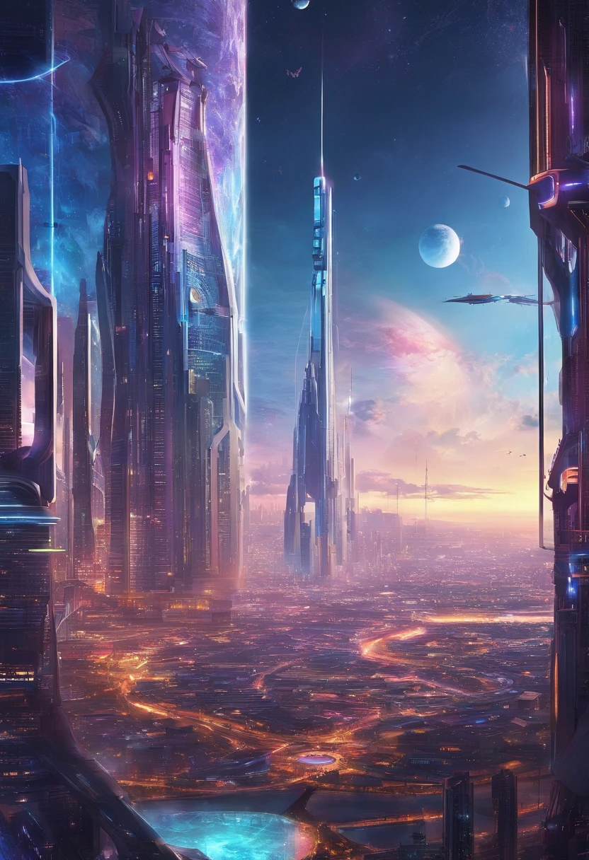 cyberpunked、Futuristic skyline with skyscrapers,超A high resolution,planet earth,SFart by,Glass skyscrapers,Space City,epcot,A world far beyond the imagination of mankind,A building that far exceeds human imagination,Constructs,dream,masterpiece,