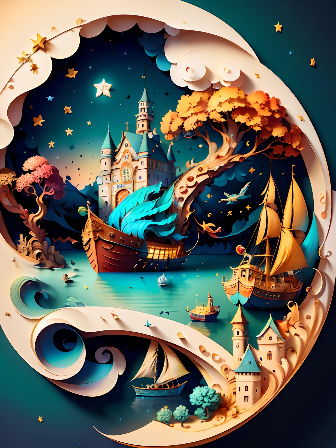 (((masterpiece))),best quality, illustration, sky, cloud, water, star \(symbol\), tree, no humans, night, bird, moon, building, star \(sky\), night sky, scenery, starry sky, watercraft, castle, ship, swirling, whirling, spiral, braids, twirl, waves, tower, boat. vibrant color scheme, Soft light,(warm color:1.2),Water color painting, light background, best quality exquisite details,3d rendering,Octane render, pastel, paper_cut