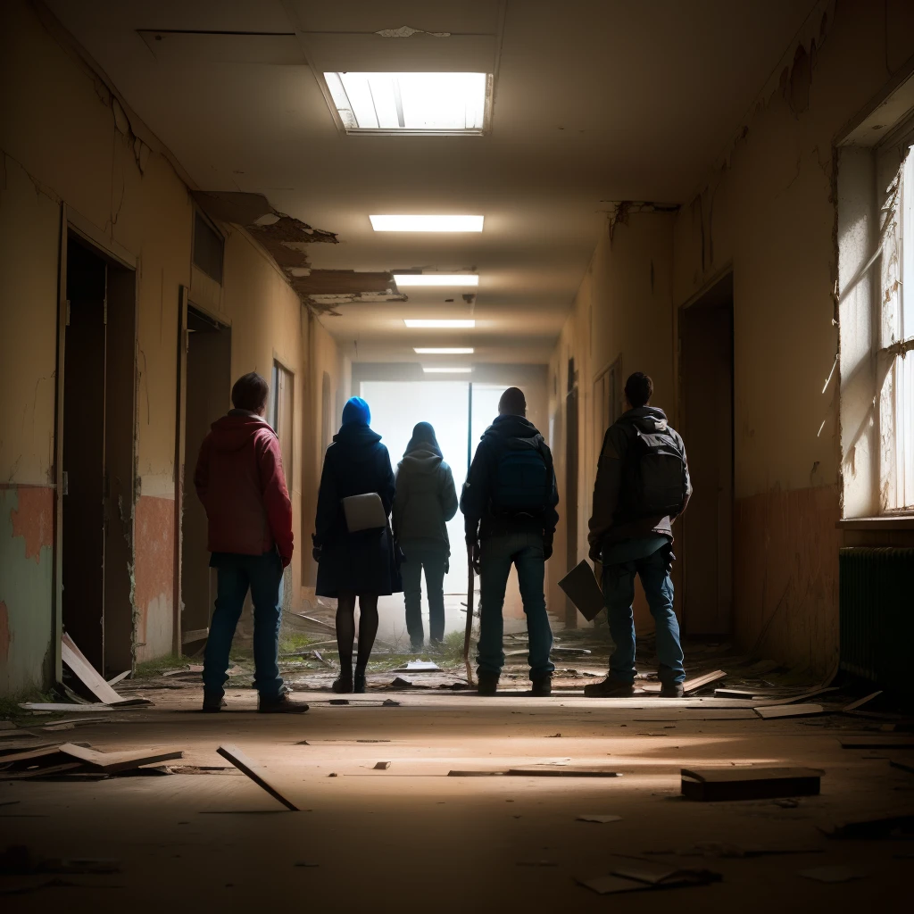 A group of 5 people in an abandoned hospital