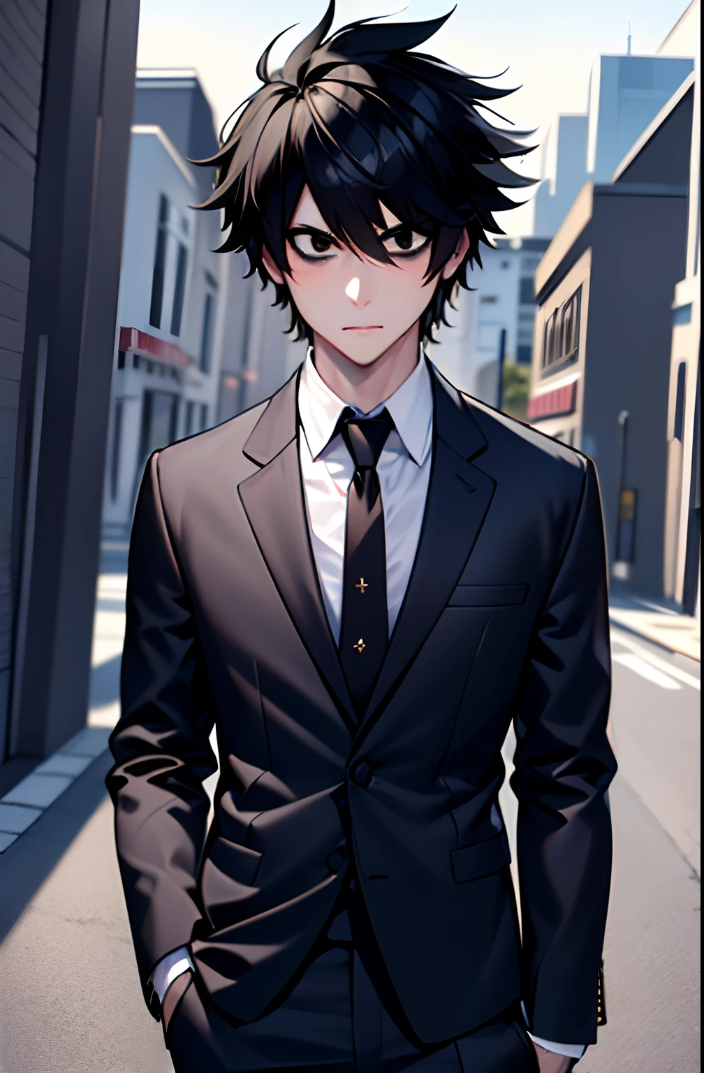 (masterpiece,best quality, detailed), 1boy, male focus, looking at viewer, upper body, outdoors, street,
l lawliet, formal, black suit, necktie