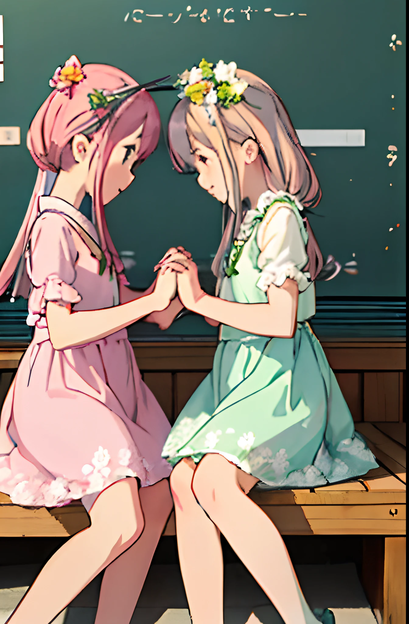 Two young and cute Japan women facing each other、Holding hands with their foreheads pressed together。The  on the right is only slightly smaller　Wearing a fluffy dress　　The girl on the left is wearing a light pink dress　The girl on the right is wearing a light green dress　It comes with a floral ribbon headdress.、It is a soft and delicate illustration in pastel colors。