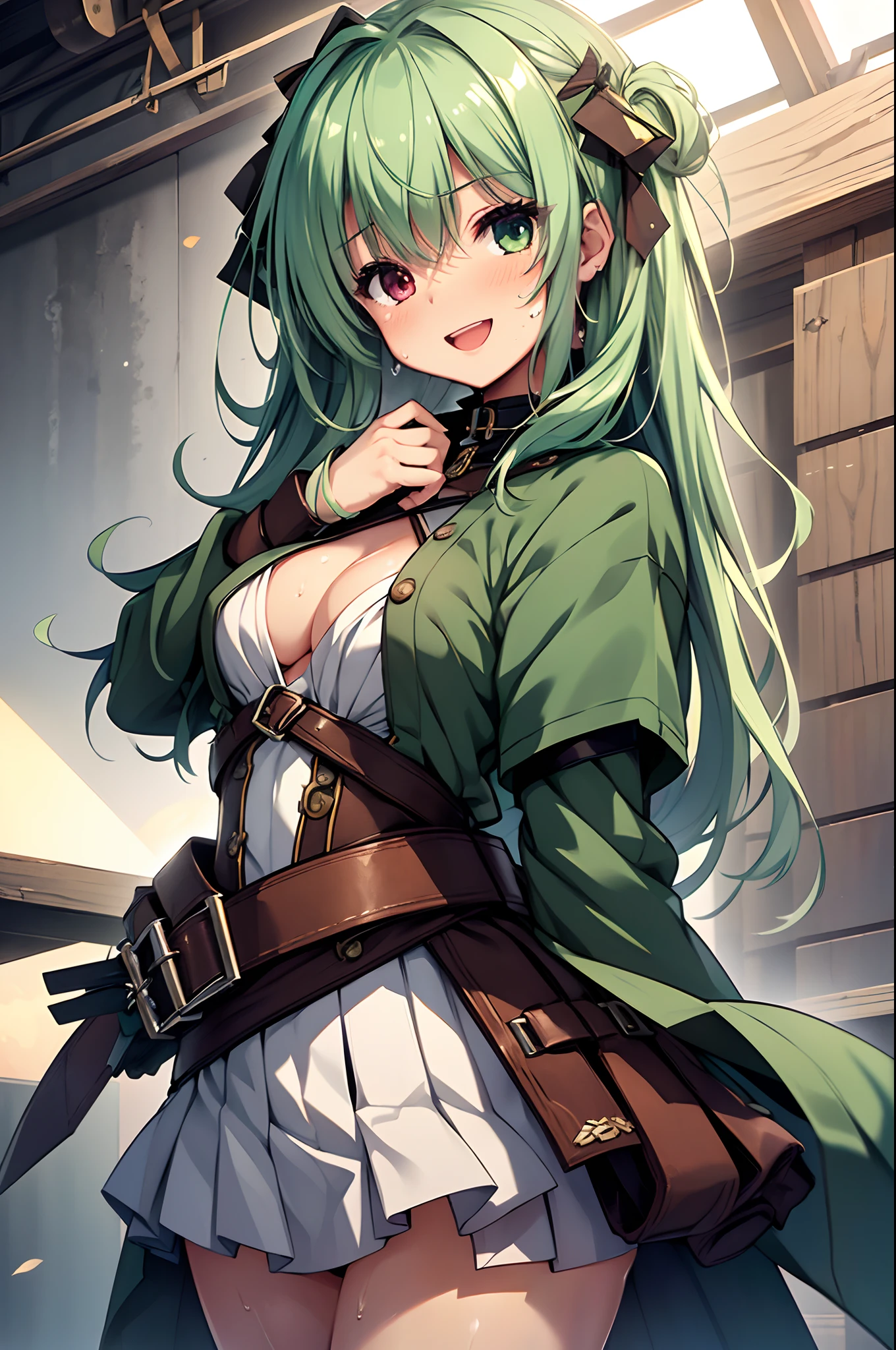 top-quality、Top image quality、in 8K,4K,masterpiece、(NSFW:1.1)、bared chest,((Having sex)),ultra-detailliert、Beautiful、ultra-quality、cute 、girl with(((18year old、Skin shining with sweat、、erotick:1.4、Happiness)))、tiny gColossal tits,Smile with open mouth,Green hair,Adventurer Costume,Archer,Archer,Heterochromia,hiquality、visualart、masutepiece