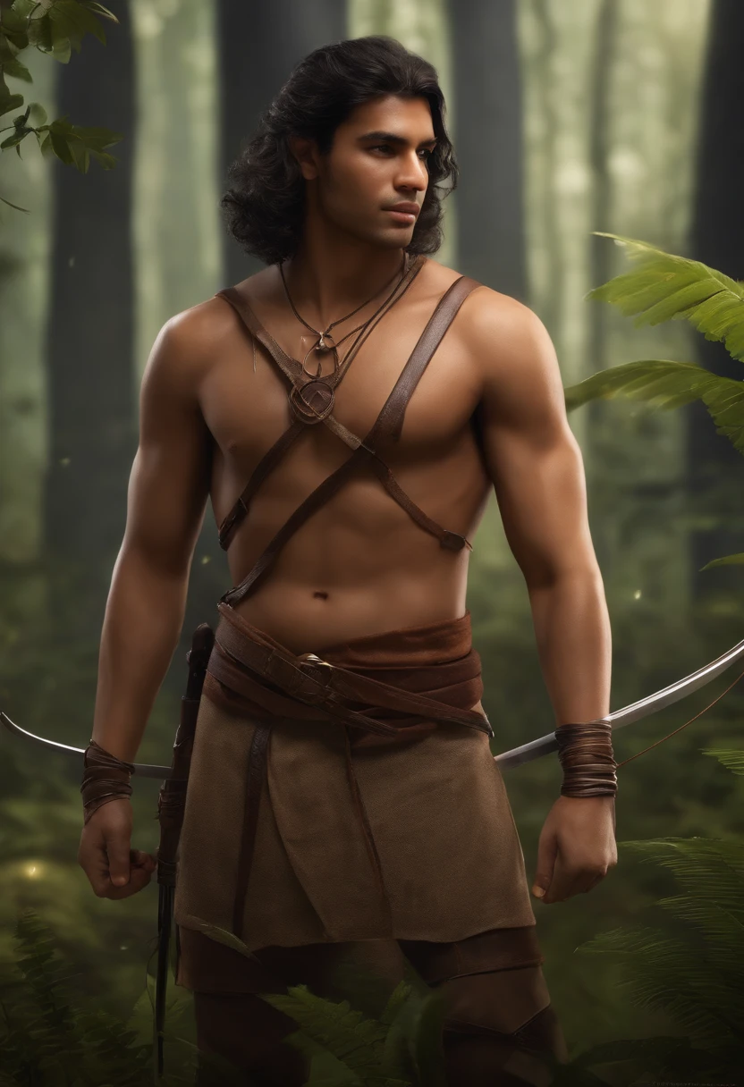 qualidade de imagem do filme，Disney Animation Style，An Indian boy hunter in the forest with his bow in sights, tomando banho de rio，cabelo preto curto e detalhado，From a bare glass only in a thong，bare feet，profundidade de floresta，Feixe alto，Luz Real，Traching de raias，OC rendering，hyper-realistic，melhor qualidade，8k，Obras de mestres，super-fino，pelos pubianos detalhados，Anatomia correta，sharp focus on eyes，Bokeh，Facial features are carefully described