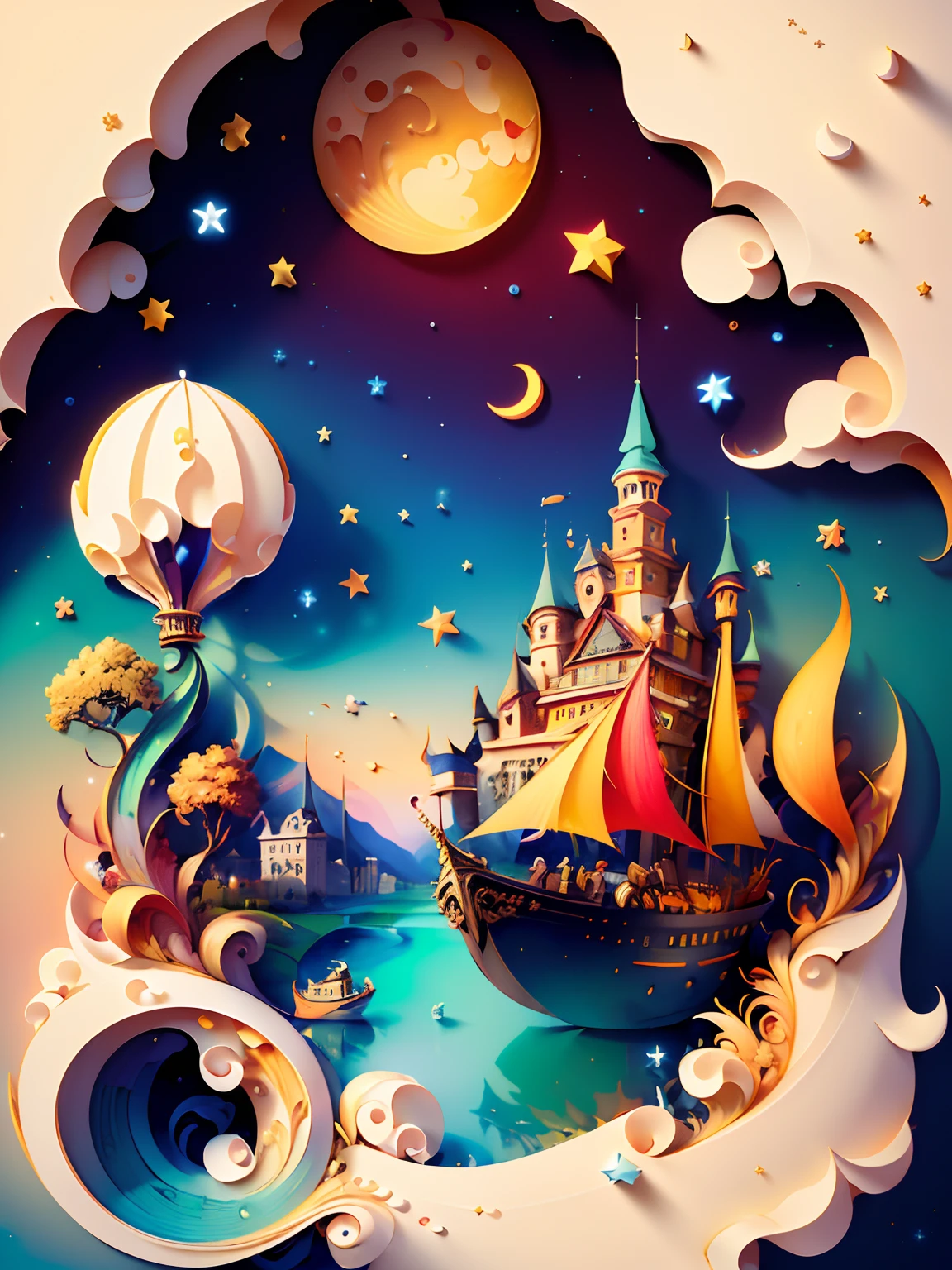 (((masterpiece))),best quality, illustration, sky, cloud, water, star \(symbol\), tree, no humans, night, bird, moon, building, star \(sky\), night sky, scenery, starry sky, watercraft, castle, ship, swirling, whirling, spiral, braids, twirl, waves, tower, boat. vibrant color scheme, Soft light,(warm color:1.2),Water color painting, light background, best quality exquisite details,3d rendering,Octane render, pastel, paper_cut