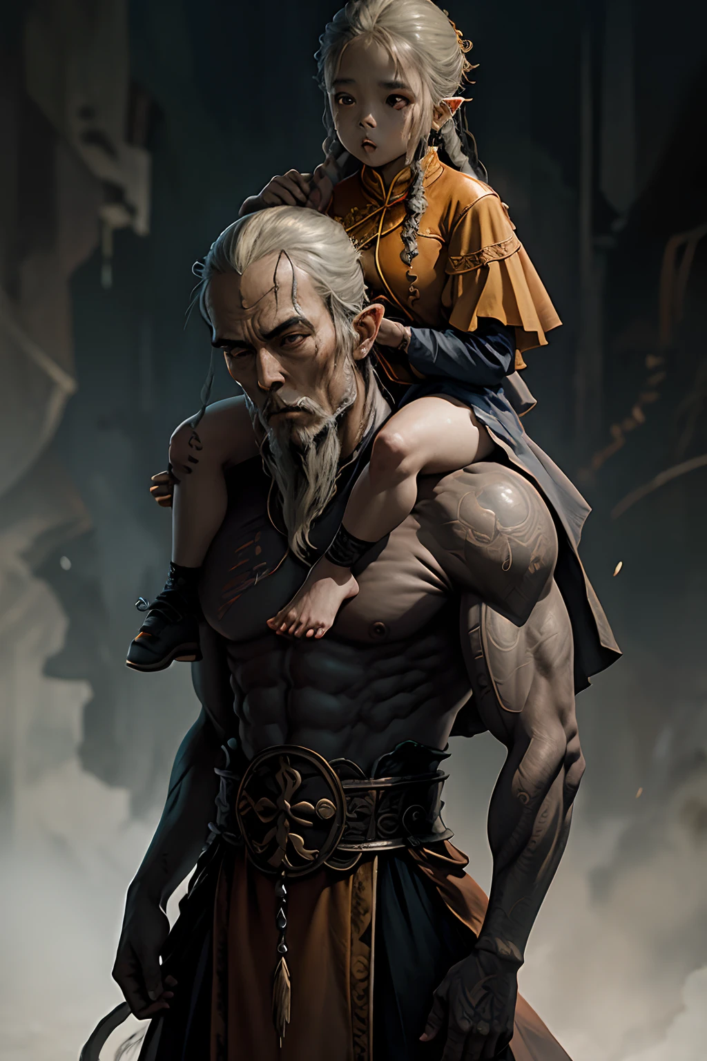 A monk-cloaked man rides on a zombie（Qing dynasty - Chinese descent - zombie）on the shoulders