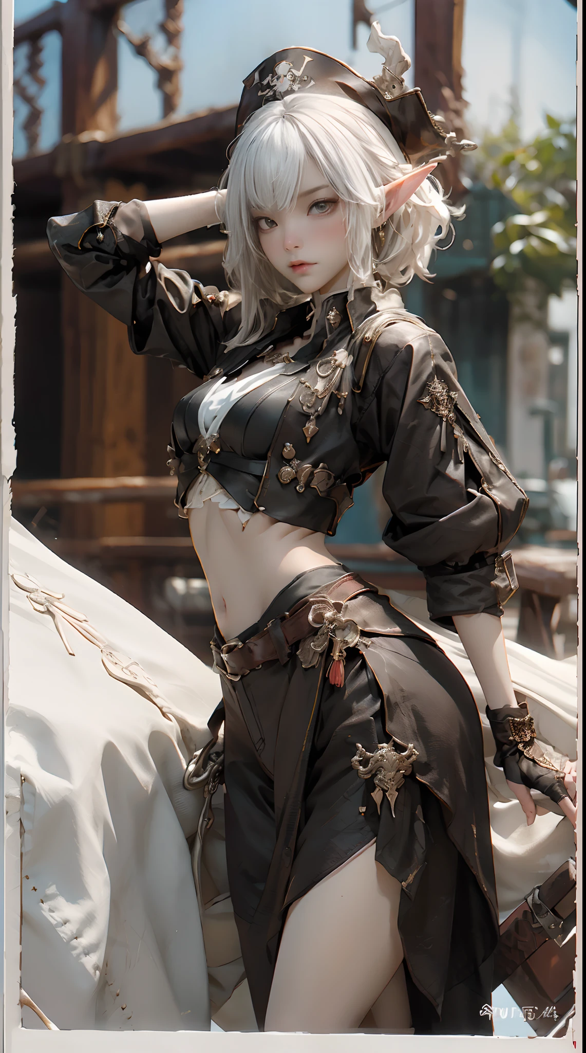 a elf pirate standing on the deck of her ship, The female pirate is wearing all black, with a pirate hat and a sword at her waist, (((1girl))), in Extremely cute elf race face with a perfect body, (((of the highest quality: 1.4))),(unparalleled masterpiece ever), (Ultra high definition), (((adult body))), insanley detailed face and eyes, Perfect lips, Pirate hat with metal spines, Detailed pirate clothing, Pirate Jacket, (Image from head to thigh), white hair, asymmetrical bangs, short hair, Small leather panties, Simon Bisley's urban savage style, Detailed pirate ship background, Clean abs, Complex graphic gauntlets, fantasy art, illustration, digital art by Yusuke Murata.