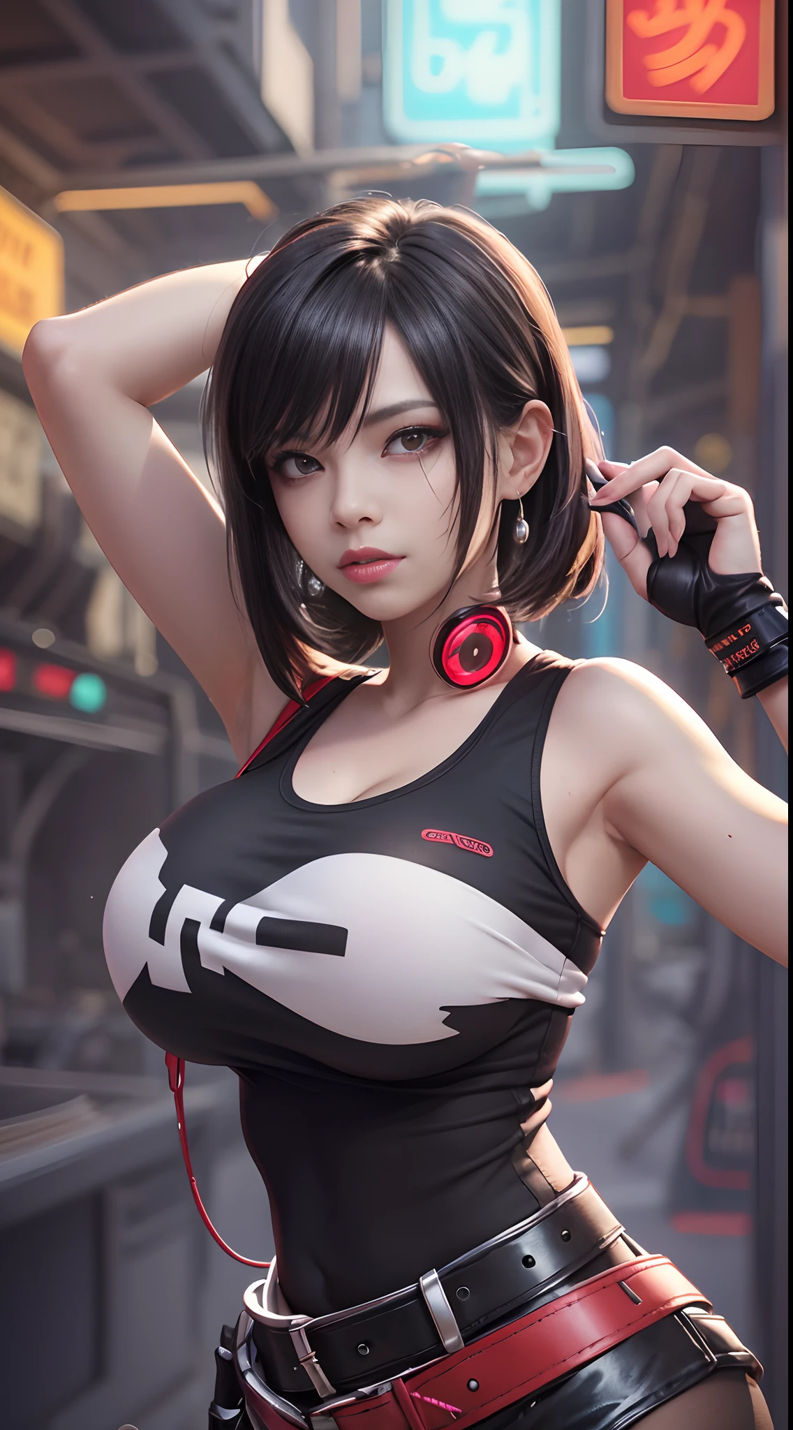 Tifa lockhart, tifa_lockhart, ff7, sultry face, (white tank top:1.2), black miniskirt, (black long hair), hair bangs (red eyes:1.3) long eyelashes, beautiful red eyes with brightness, surrealism, shadow, stereogram, (photorealistic, realistic: 1.2), POV, atmospheric perspective, cinematic lighting, ray tracing, 8k, super detail, best quality, masterpiece, well detailed, (Canan EOS R6, 135mm, 1/1250s, f/2.8, ISO 400:0.9), cyberpunk, neon, neon signs, ramen shops, (huge breasts:1.5) red gloves --auto --s2