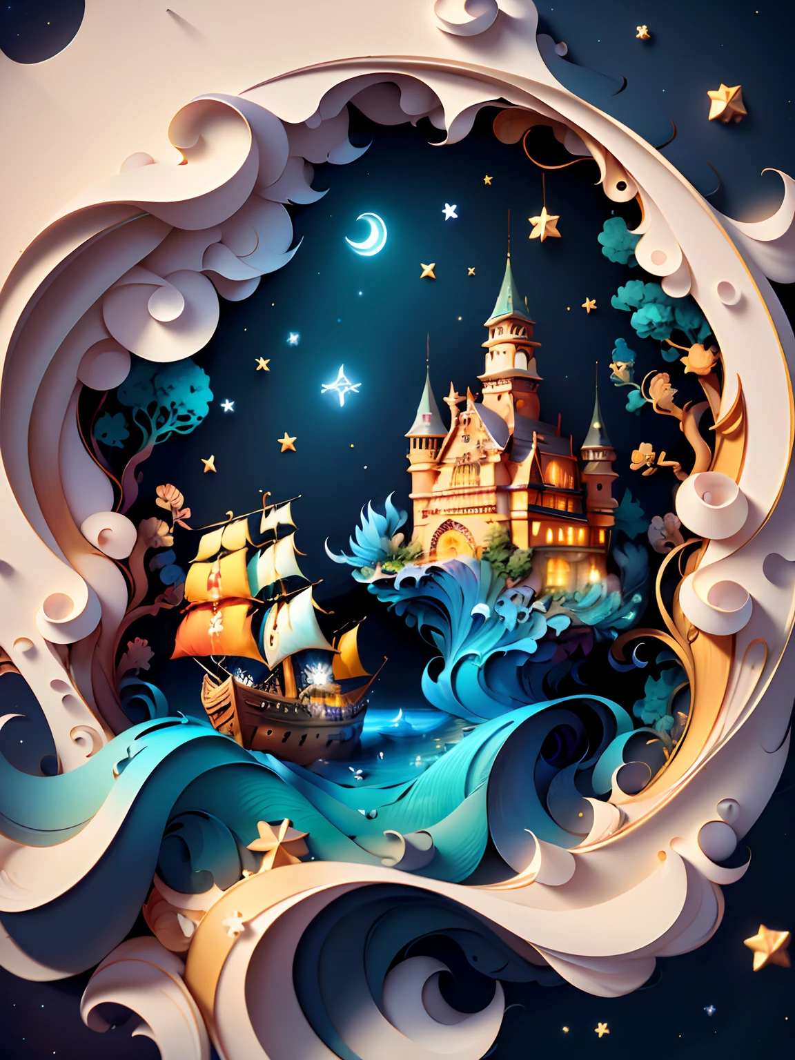 (((masterpiece))),best quality, illustration, sky, cloud, water, star \(symbol\), tree, no humans, night, bird, moon, building, star \(sky\), night sky, scenery, starry sky, watercraft, castle, ship, swirling, whirling, spiral, braids, twirl, bioluminescent, waves, tower, boat. vibrant color scheme, Soft light,(warm color:1.2),Water color painting, light background, best quality exquisite details,3d rendering,Octane render, pastel, paper_cut