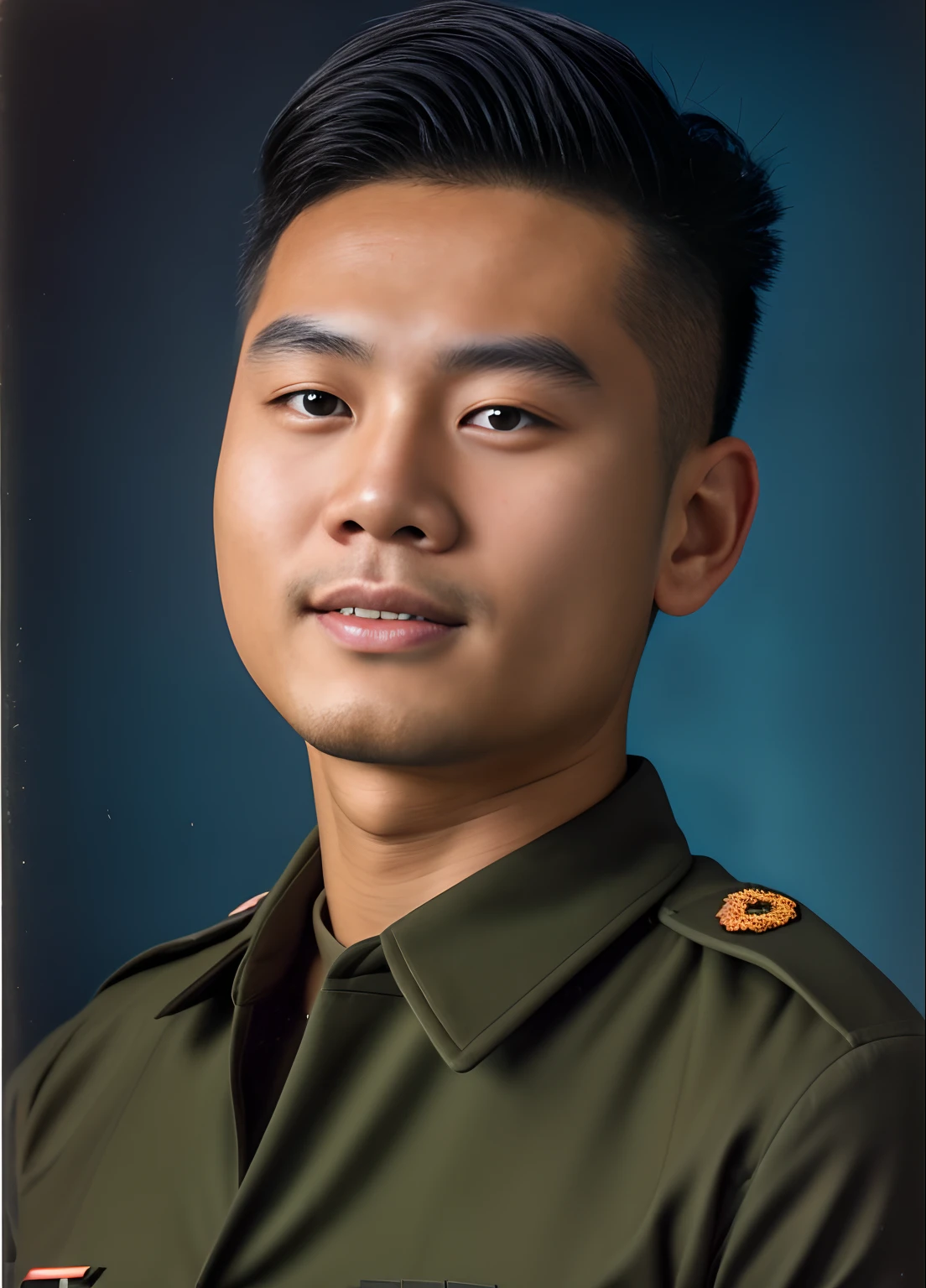 Highly realistic photo, image of a 25 year old Asian man, photo taken in 1975 with Kodak, wearing a Vietnamese army shirt, dark blue background