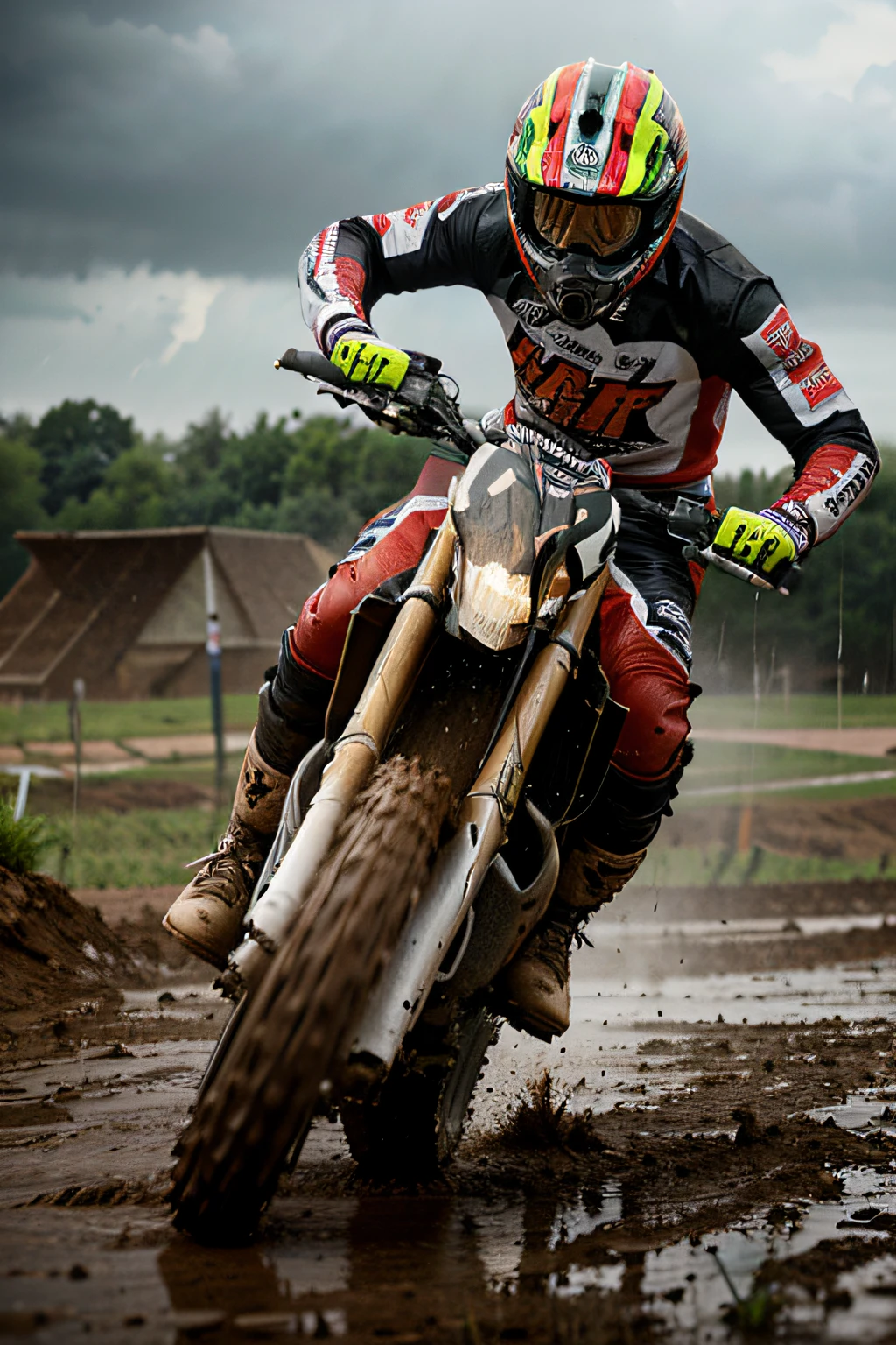 A motocross rider with rain,illustration,3D rendering,stormy weather,dirtbike,muddy track,water splash,dynamic movement,extreme sports,determination,adrenaline rush,moisture,grit and grime,fast-paced,action-packed,high-intensity,agility,excitement,roaring engine,vivid colors.
