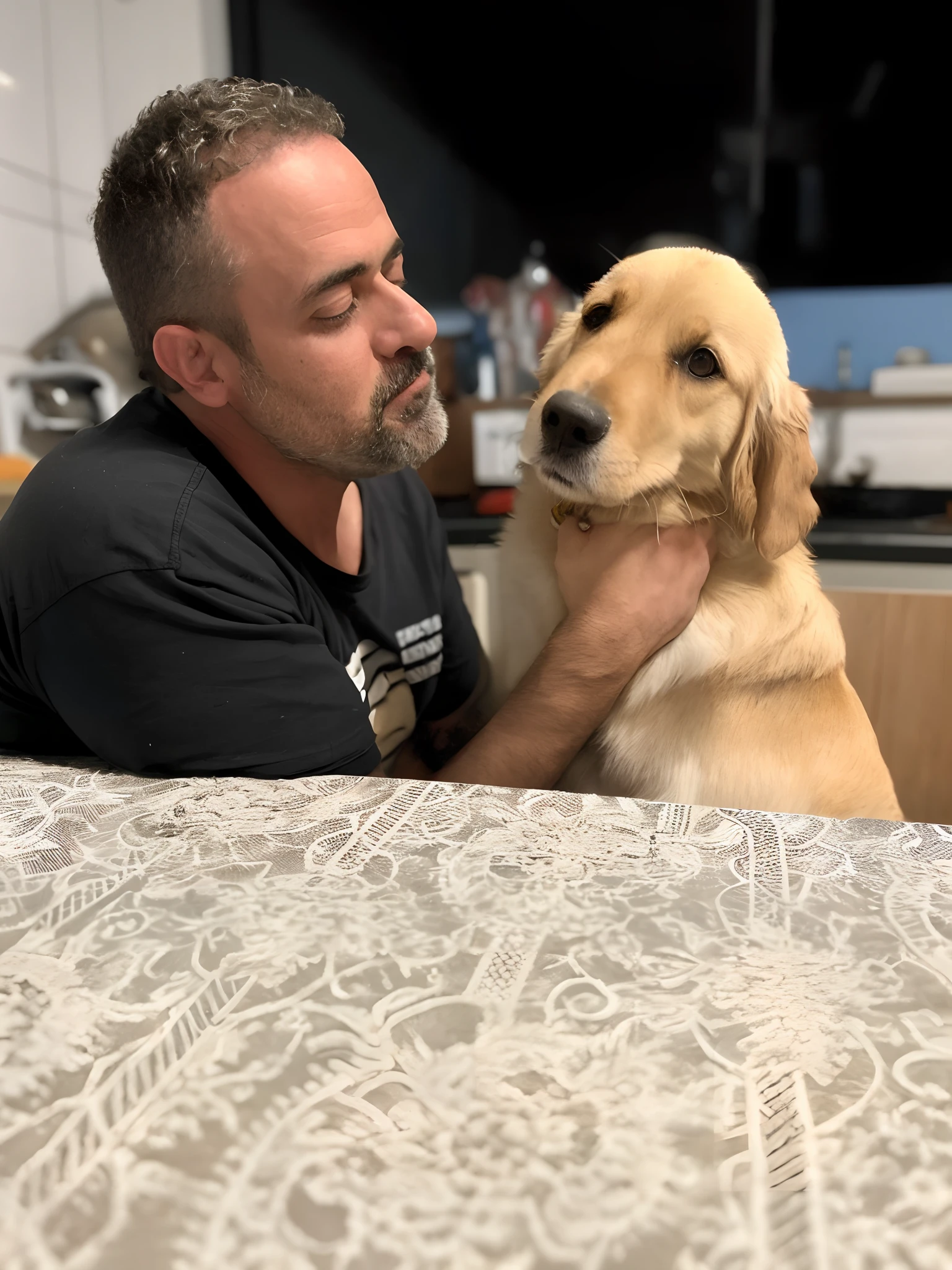 There's a man sitting at a table with a dog, with his hyperactive little dog, sitting on a lab table, aw, Directed by: Nandor Soldier, na mesa da cozinha, Absorto em pensamentos, hand on cheek, very calm and wholesome, olhando para o lado dele, Wholesome, Directed by: Felipe Seade, imagem de qualidade muito baixa