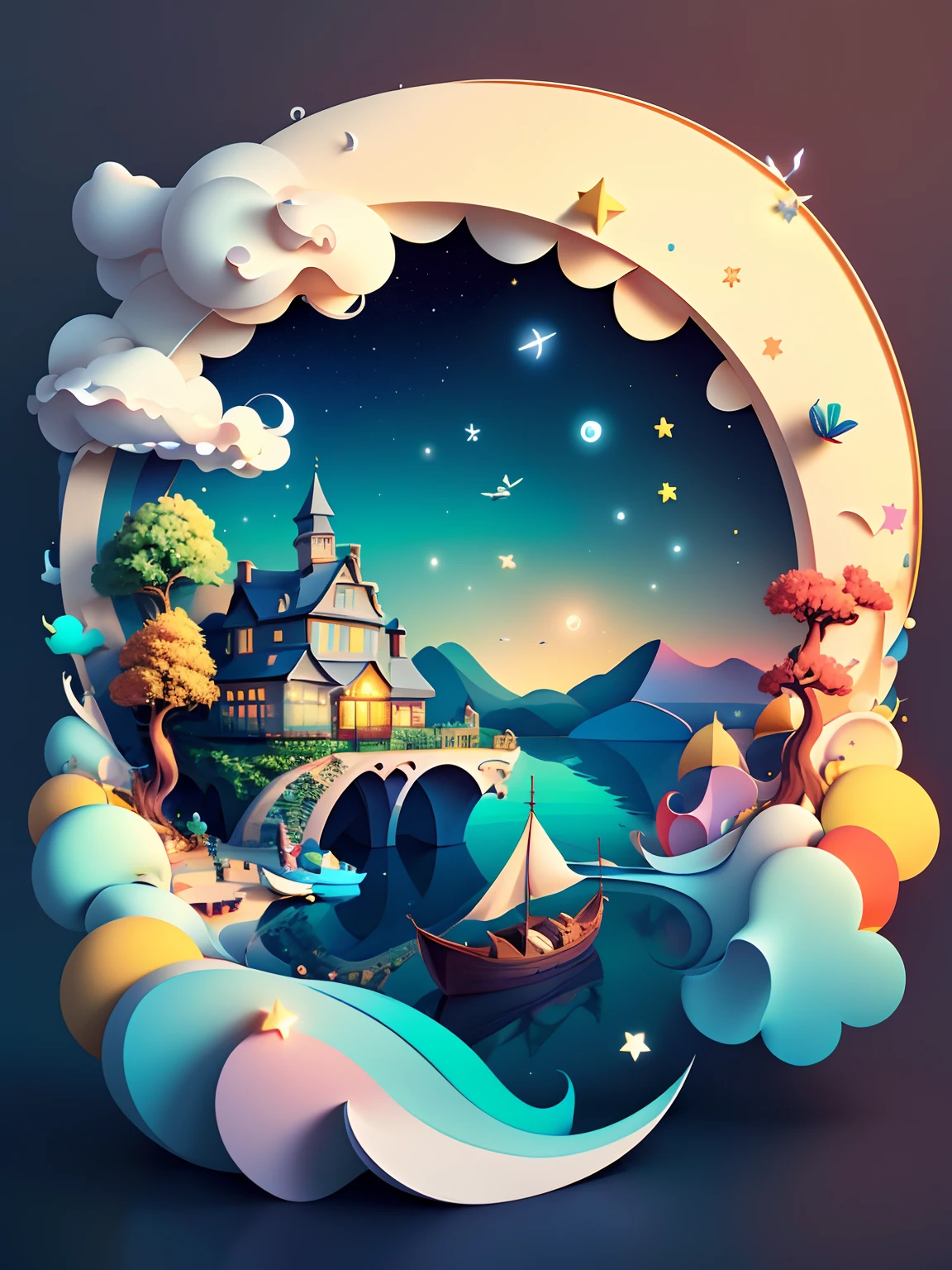 (((masterpiece))),best quality, illustration, sky, cloud, water, star \(symbol\), tree, no humans, night, bird, moon, building, star \(sky\), night sky, scenery, starry sky, watercraft, castle, ship, swirling, whirling, spiral, braids, twirl, bioluminescent, waves, tower, boat. vibrant color scheme, Soft light,(warm color:1.2),Water color painting, light background, best quality exquisite details,3d rendering,Octane render, pastel, paper_cut, fluffy puffy white clouds,