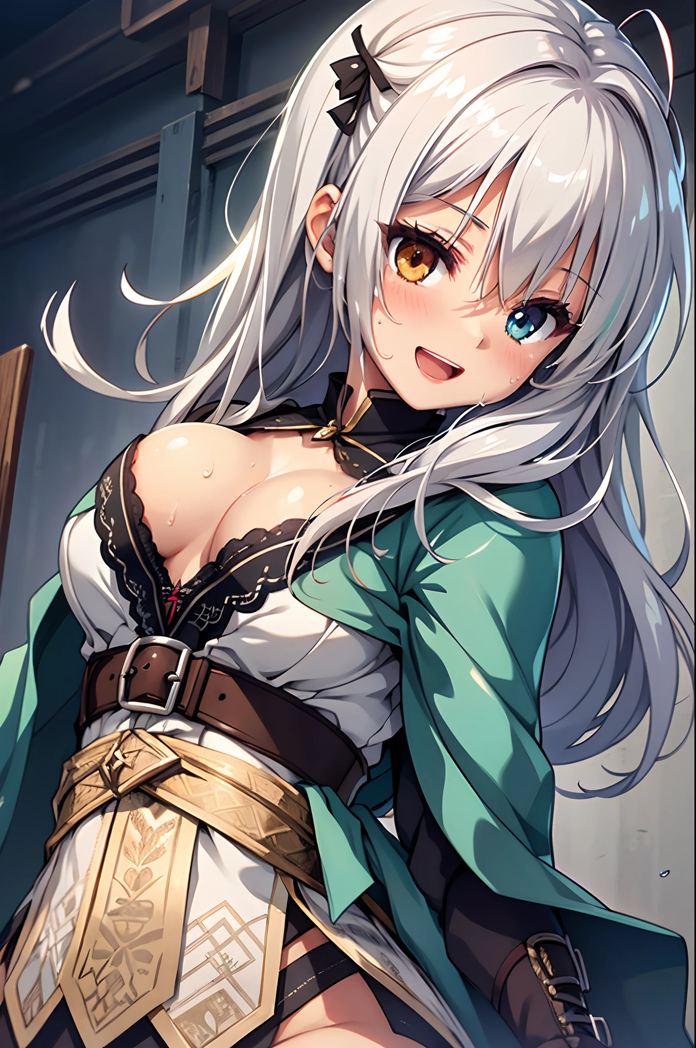 top-quality、Top image quality、in 8K,4K,masterpiece、(NSFW:1.1)、bared chest,((Having sex)),ultra-detailliert、Beautiful、ultra-quality、cute 、girl with(((18year old、Skin shining with sweat、、erotick:1.4、Happiness)))、tiny gColossal tits,Smile with open mouth,silber hair,Adventurer Costume,Archer,Archer,Heterochromia,hiquality、visualart、masutepiece