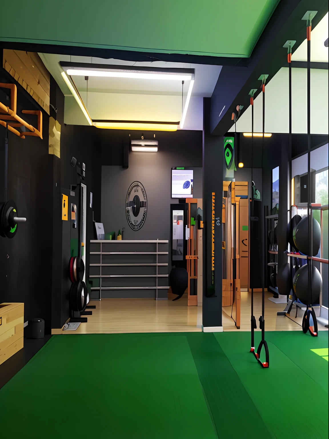 There is a gym with a green carpet, local gym, Interior, ambiente interno, athletic crossfit build, ambiente esportivo, corpo inteiro, corpo inteiro, academia, Mina Petrovic, ground level view, background a gym, ground level view, view from ground level, imagem central, Comfortable, dim dingy gym