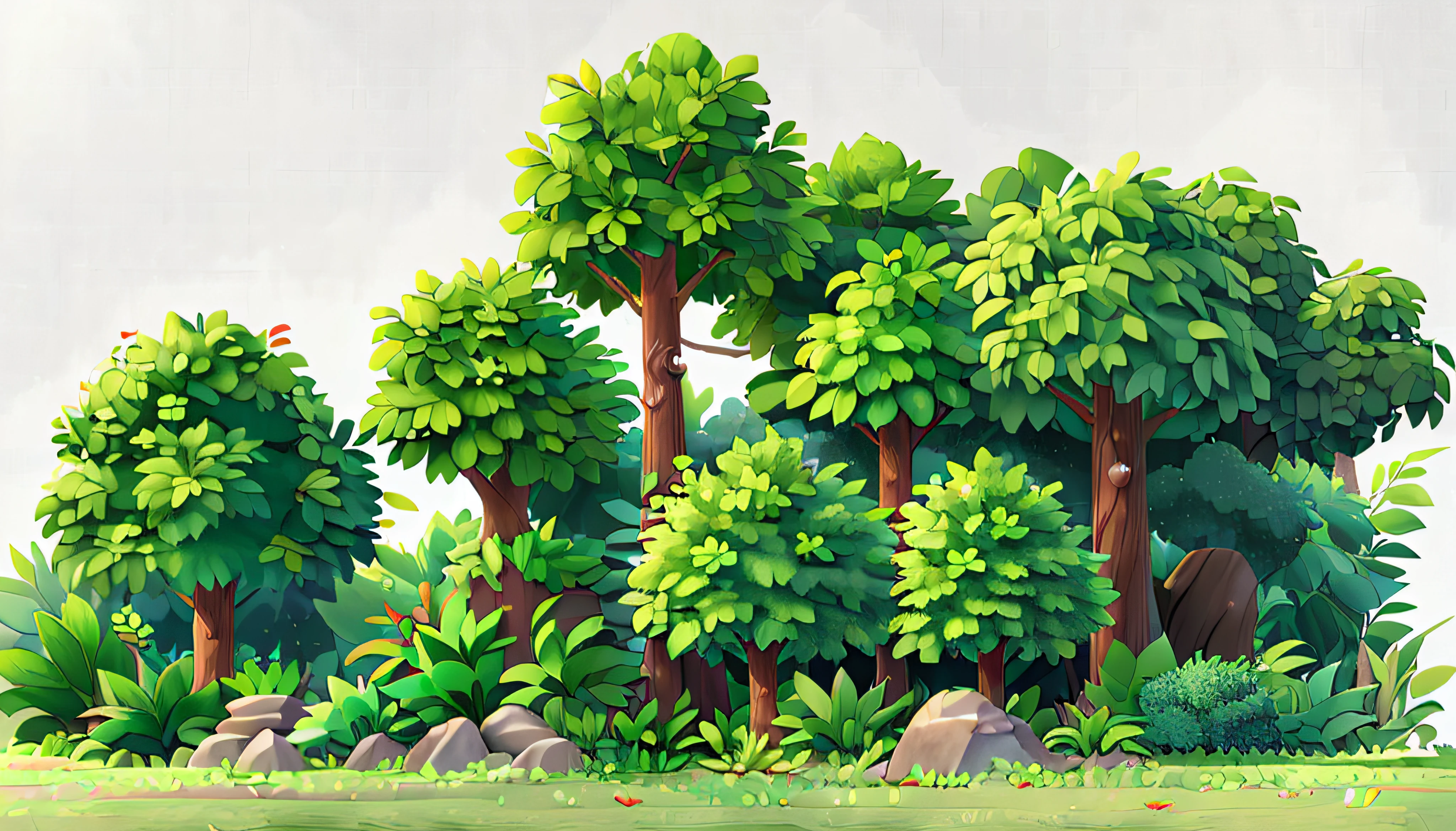 Set of trees with green leaves on white background, game asset of plant and tree, woody foliage, leaves foliage and stems, props containing trees, tree and plants, stylized vegetation, thick bushes, trees and bushes, bushes and leafs, branches and foliage, ultra detailed trees, large leaves and stems, Lush vegetation in the background, tree and plants, green leaf