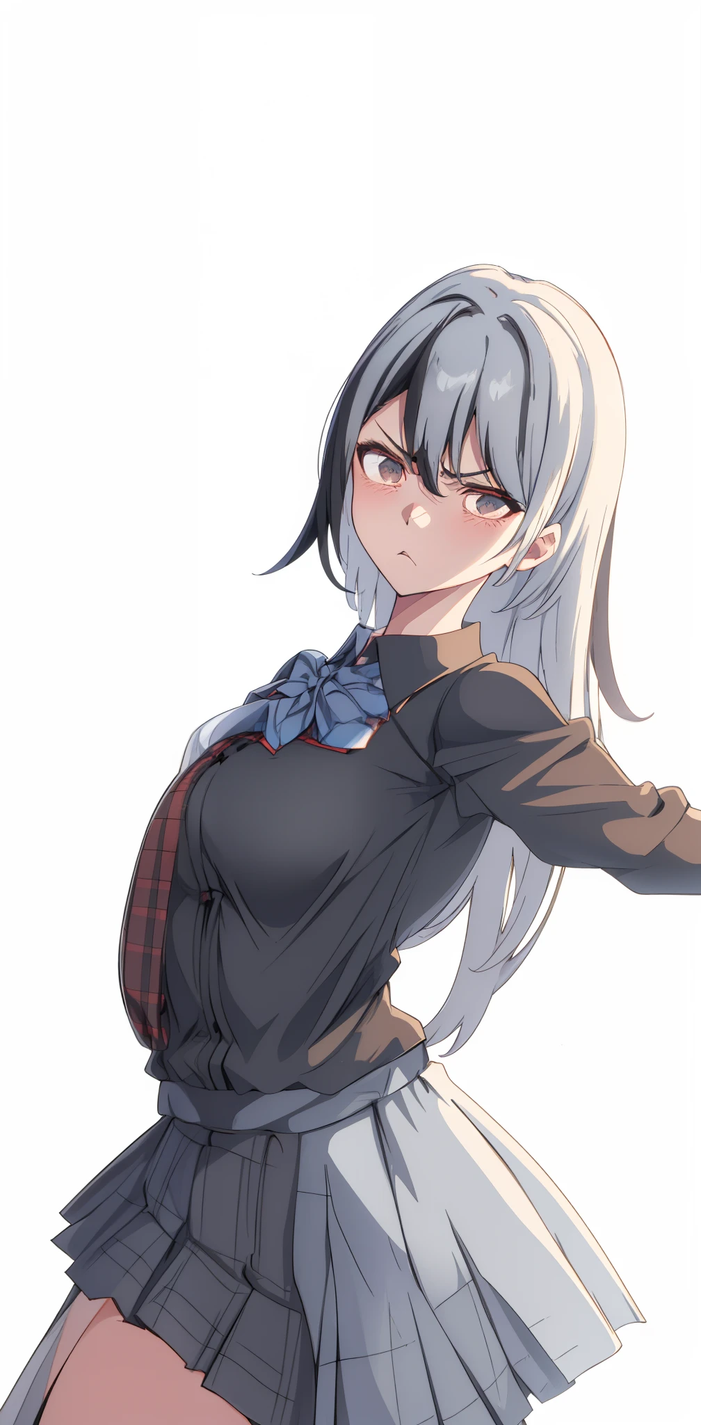 Black Haired Girl in Checkered Skirt, camisa negra, Angry and thoughtful expression