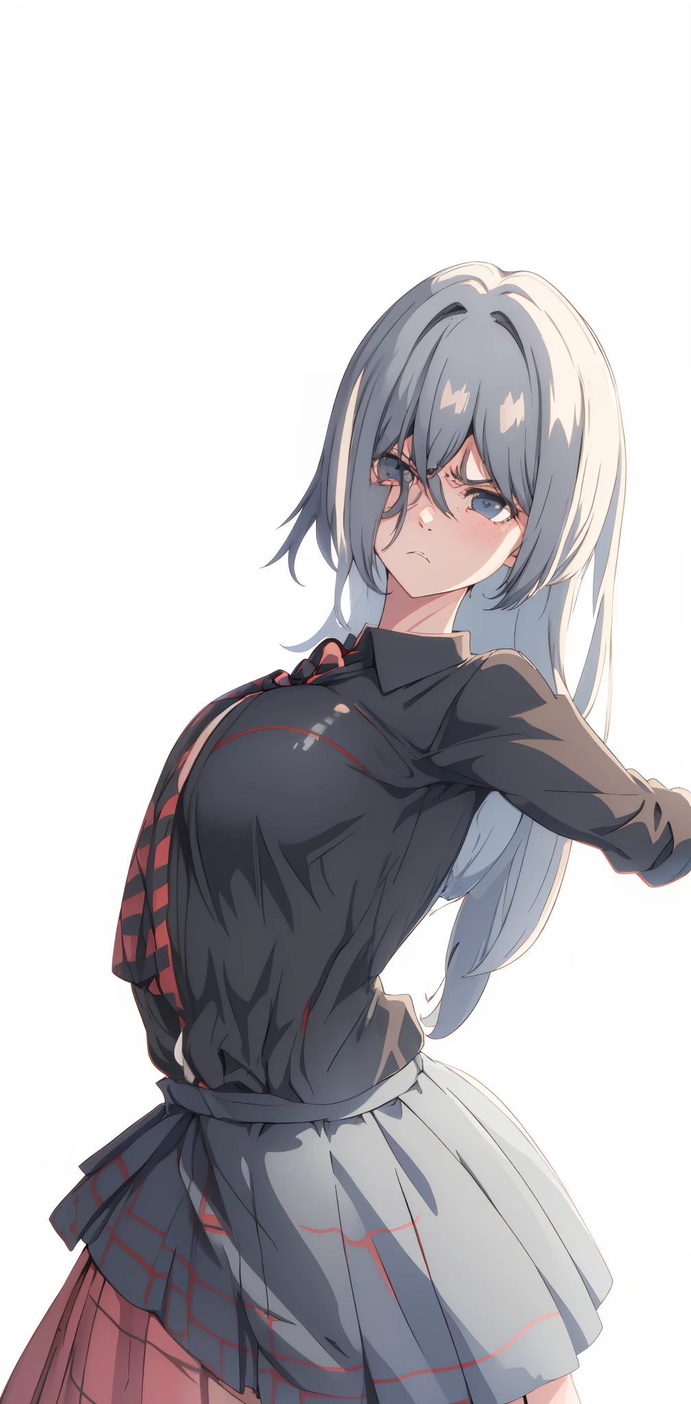 Black Haired Girl in Checkered Skirt, camisa negra, Angry and thoughtful expression