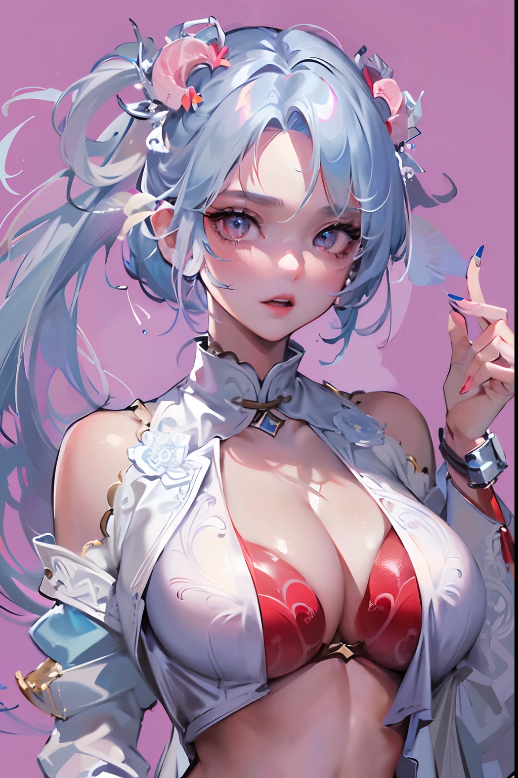 ((tmasterpiece)),(best qualtiy),(A half body),looking at away,(ultra intricately detailed),(Highest Definition),(8K),(Clean lines),(Perfect facial features,Perfect meat),(offcial art),1little girl,matchless beauty,robe blanche,lightblue hair,Red Eyes,huge tit