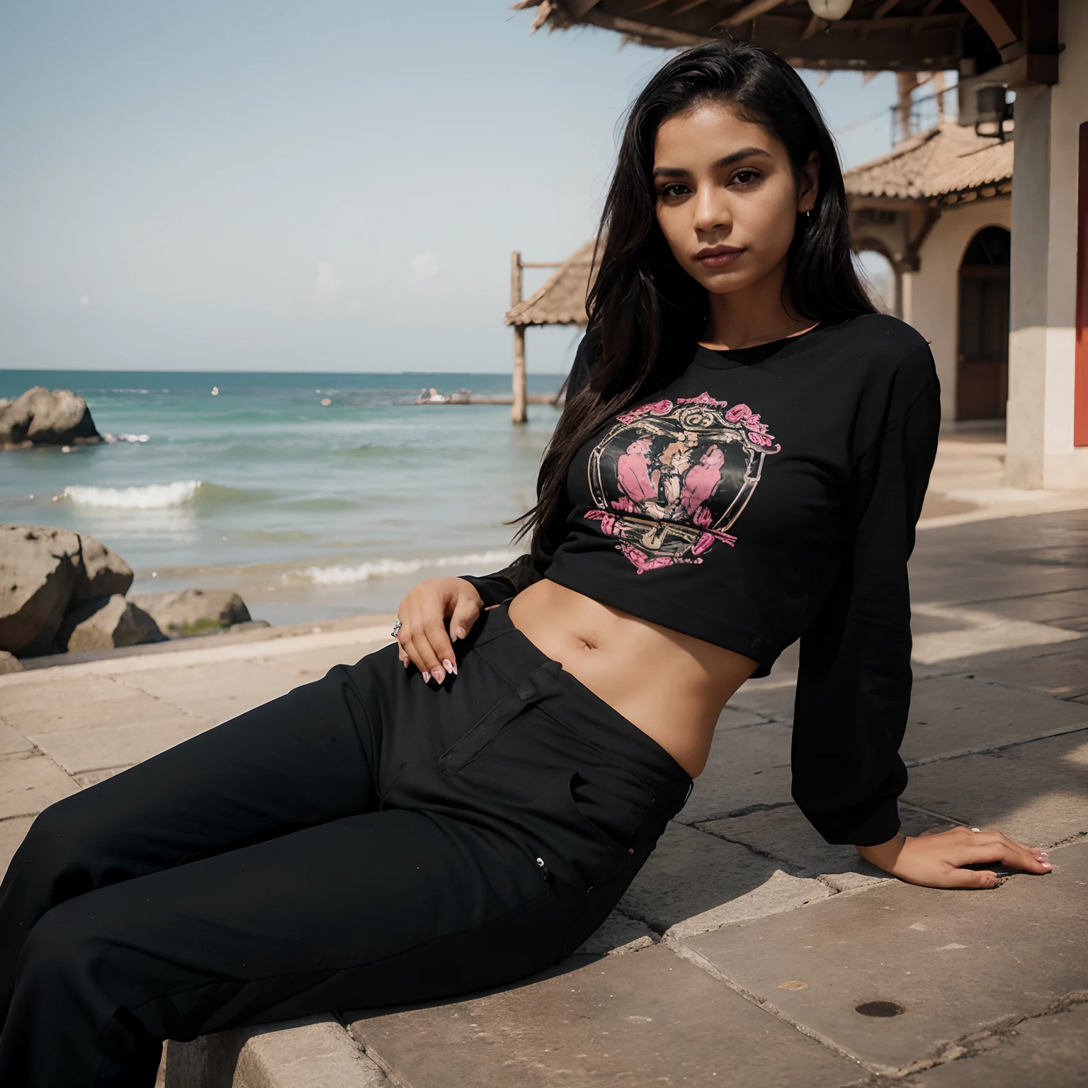 Fotografa, negra, tatuagem no ombro, cabelo grande, cacheado, camera in hand, black pant, blusa rosa, disney