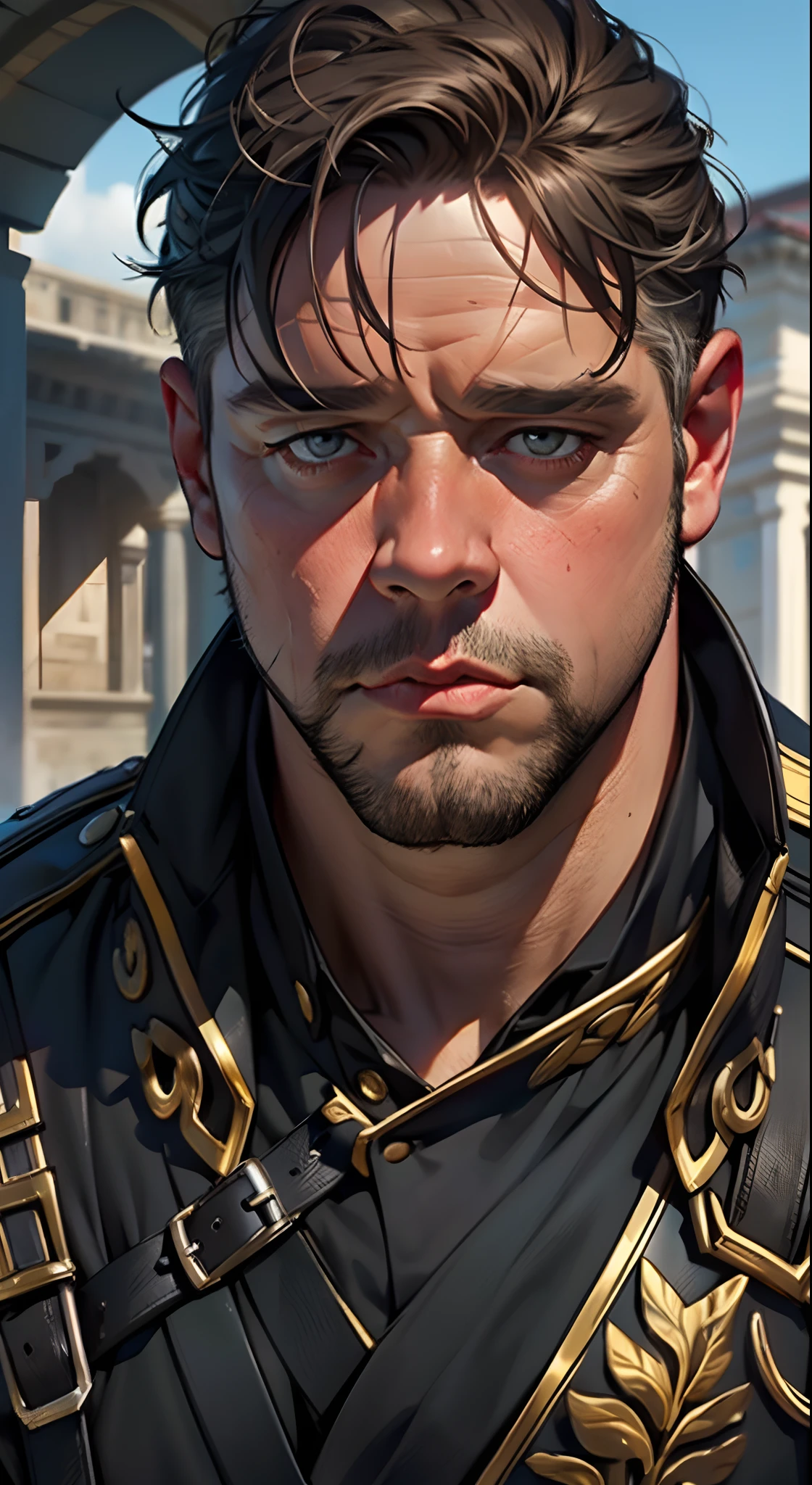 Maximus(Russell Crowe(Russell Ira Crowe)adorn)He was a Roman Empire general with great achievements,The Imperial Legions under his command are victorious,Invincible。Short dark brown hair,Small waves,Tall, well-proportioned figure,Strong body,Strong muscles,Delicate muscle contours, Realistic depiction, 4K quality,Meticulous muscle definition, Realistic depiction, Correct anatomy,8K, High definition, Detailed face, Detailed eyes,