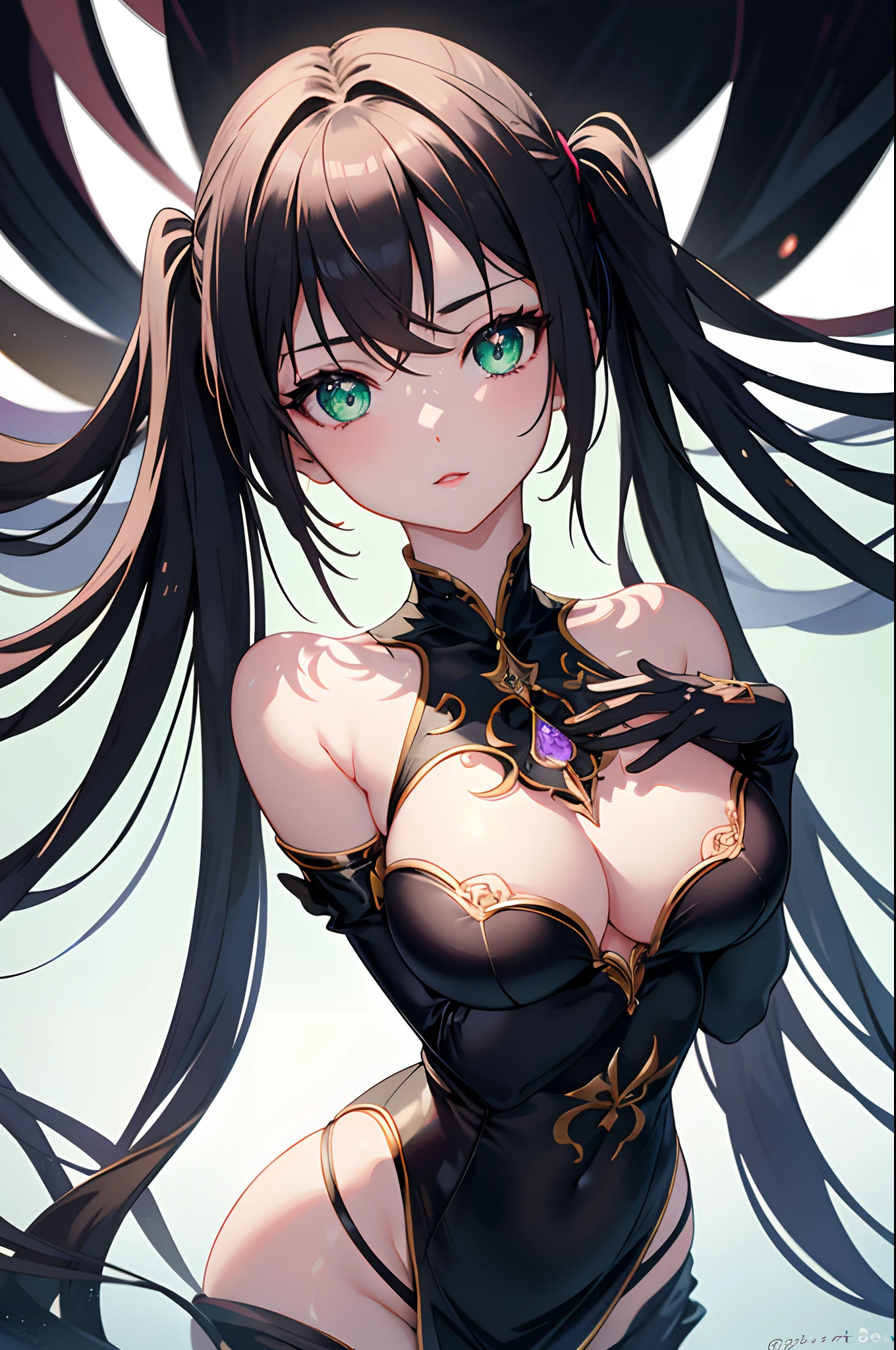 1girl, anime, cute girl, blank background, white background, fantasy, detailed dark fantasy dress with highlights, beautiful face, beautiful eyes, dark colors, black hair, twintails, green eyes, medium breasts, slight cleavage, beautiful skin, cute, breast curtains, extremely delicate and beautiful, (beautiful detailed face:1.0), (detailed deep eyes), symmetrical breasts, deep eyes, shiny skin, portrait, slender waist, hips wider than shoulders, thighs, young girl, expressionless