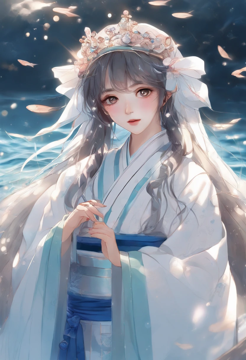 one-girl，Wearing Hanfu，Dress futuristically，with brown eye，Long hair with a shawl，It has a sci-fi feel