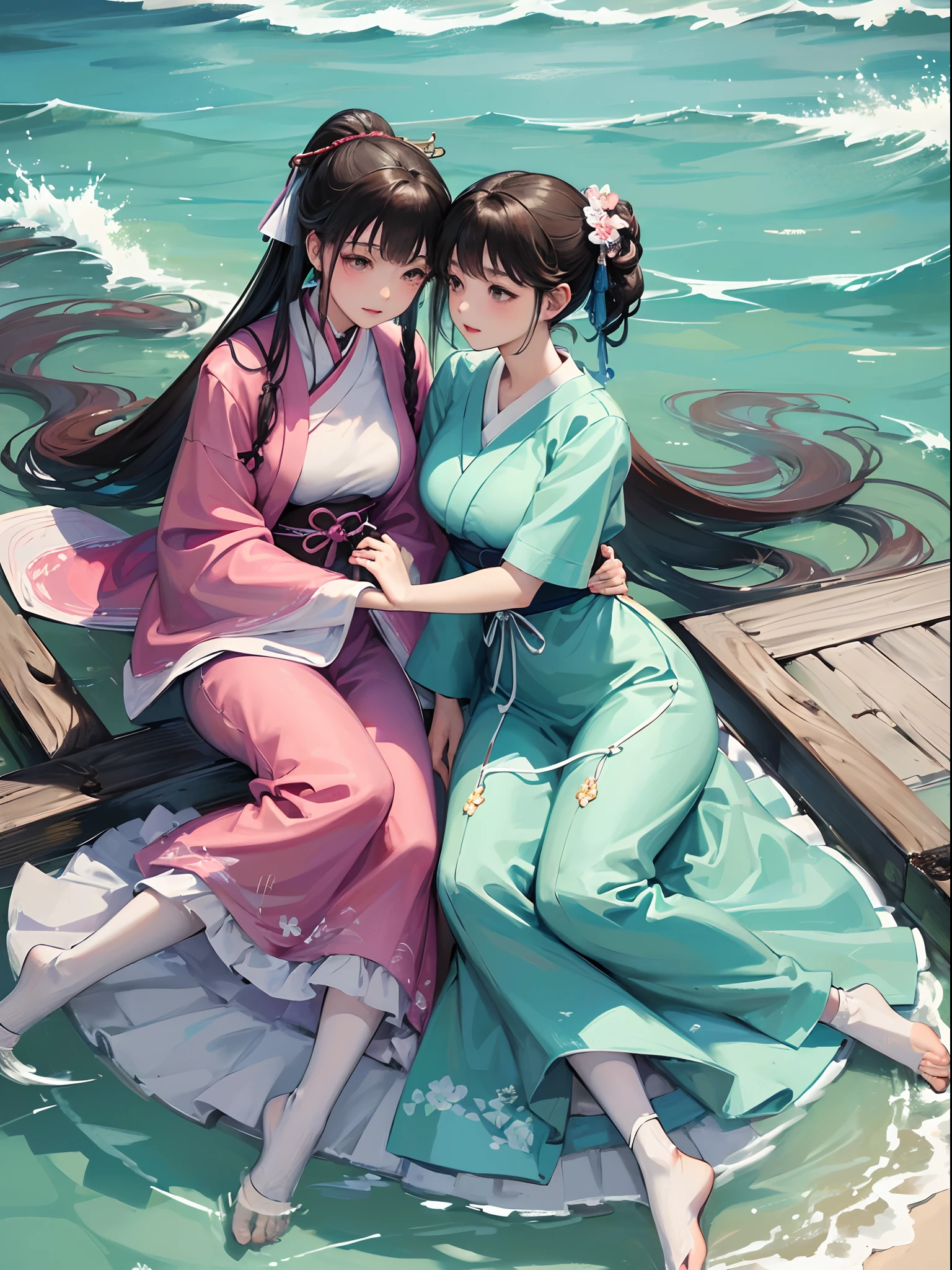 (Extremely detailed, Image of Kyoko Fukada, Best Quality),Two Ladies and Ladies, Focus on the details, Natural lighting, Dynamic, Vibrant colors, gentle sunlight, Vibrant colors, serene expressions, The tranquility of the waves, Clear turquoise water,爆乳,Two people cuddling、literary、Dolce、Taisho era clothes、