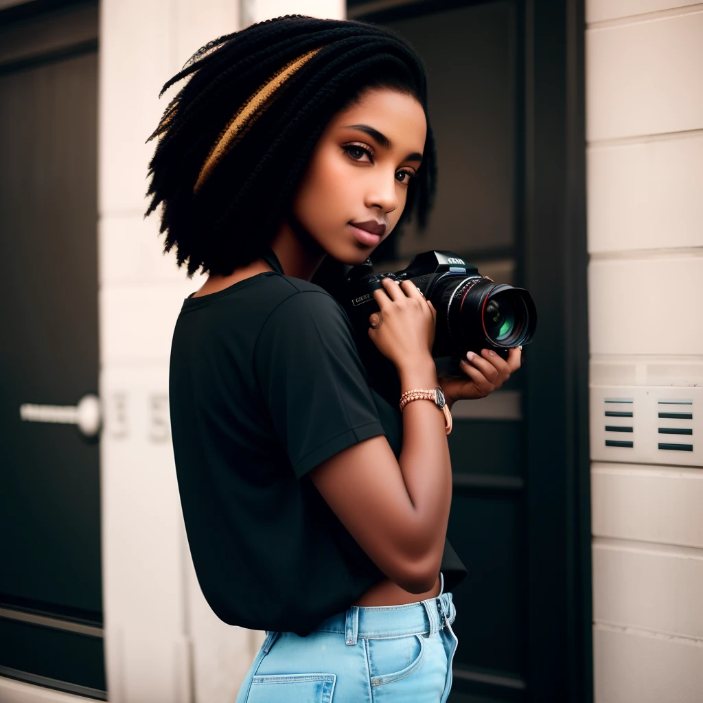Black photographer with camera in hand. Tatuagem no ombro, on the arm and both wrists. black pant, blusa rosa. Cabelo comprido preto com pontas loiras.