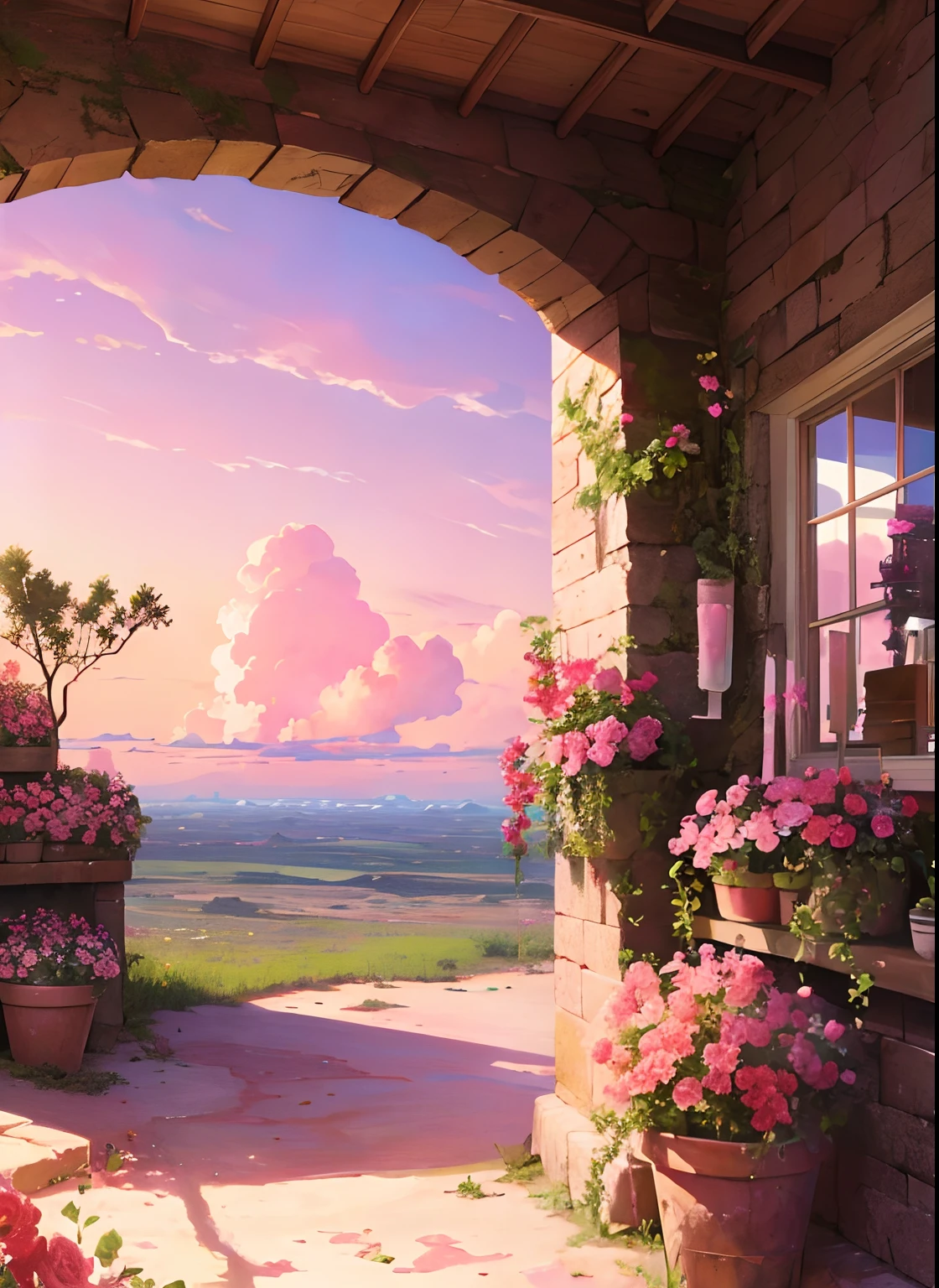 Summer, desert, pink clouds, a land overgrown with roses, James Gurney, art station rendering, ultra-wide lens, high definition