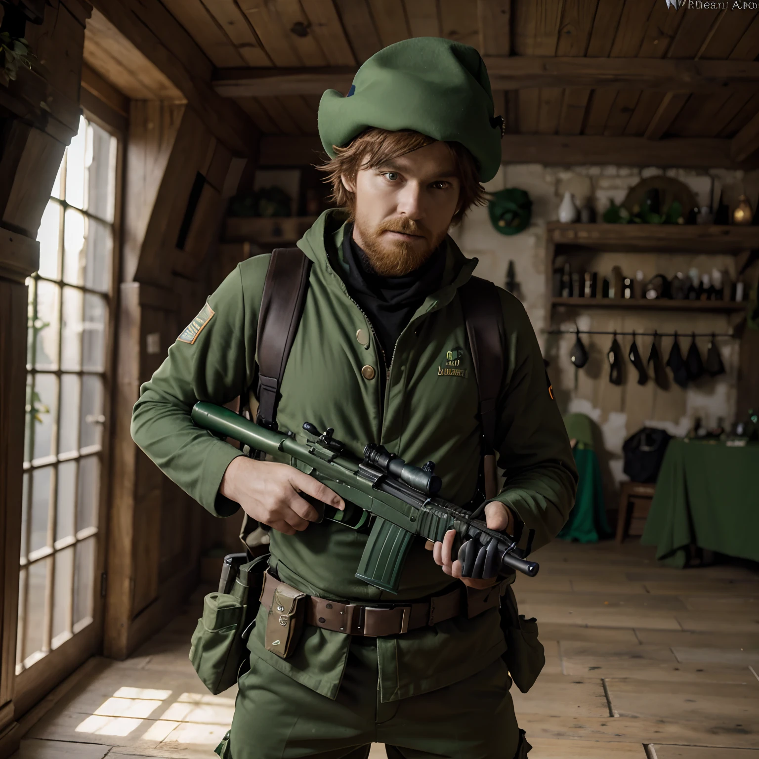 8k, Best quality, Masterpiece, hallowen soldat, arme , fusil FAMAS, Irish Leprechaun Costume, Green Costume with Pixie Hat, arc en ciel