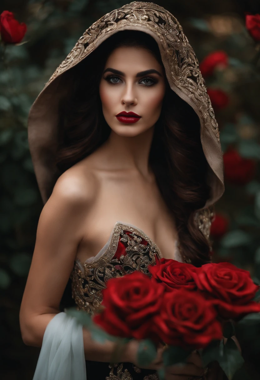 master part, extremely high quality, (foco sozinho), (rosto perfeito:1.1), (High detail:1.1), (olhos hiper detalhados), Dramatic, 1 cara, (pale skin), longos cabelos brancos, ethereal eyes, (sobrancelhas claras), sozinho, cabelos longos, JTiago Azevedo, lua, Noite, terno de luxo branco, pouty lips, pele, proud expression,Praia, Antecedentes detalhados, Arte por Artgerm, Cinematic lighting, Roses, moda, BalenciagaStyle
