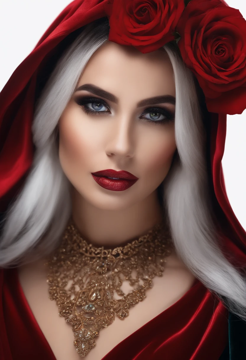 Mulher realista, com olhos azuis intimidadora, maquiagem forte, cabelos loiros ondulados, vestida com um vestido vermelho e preto decotado com detalhes dourados, a velvet hooded cape and a red rose in his hand