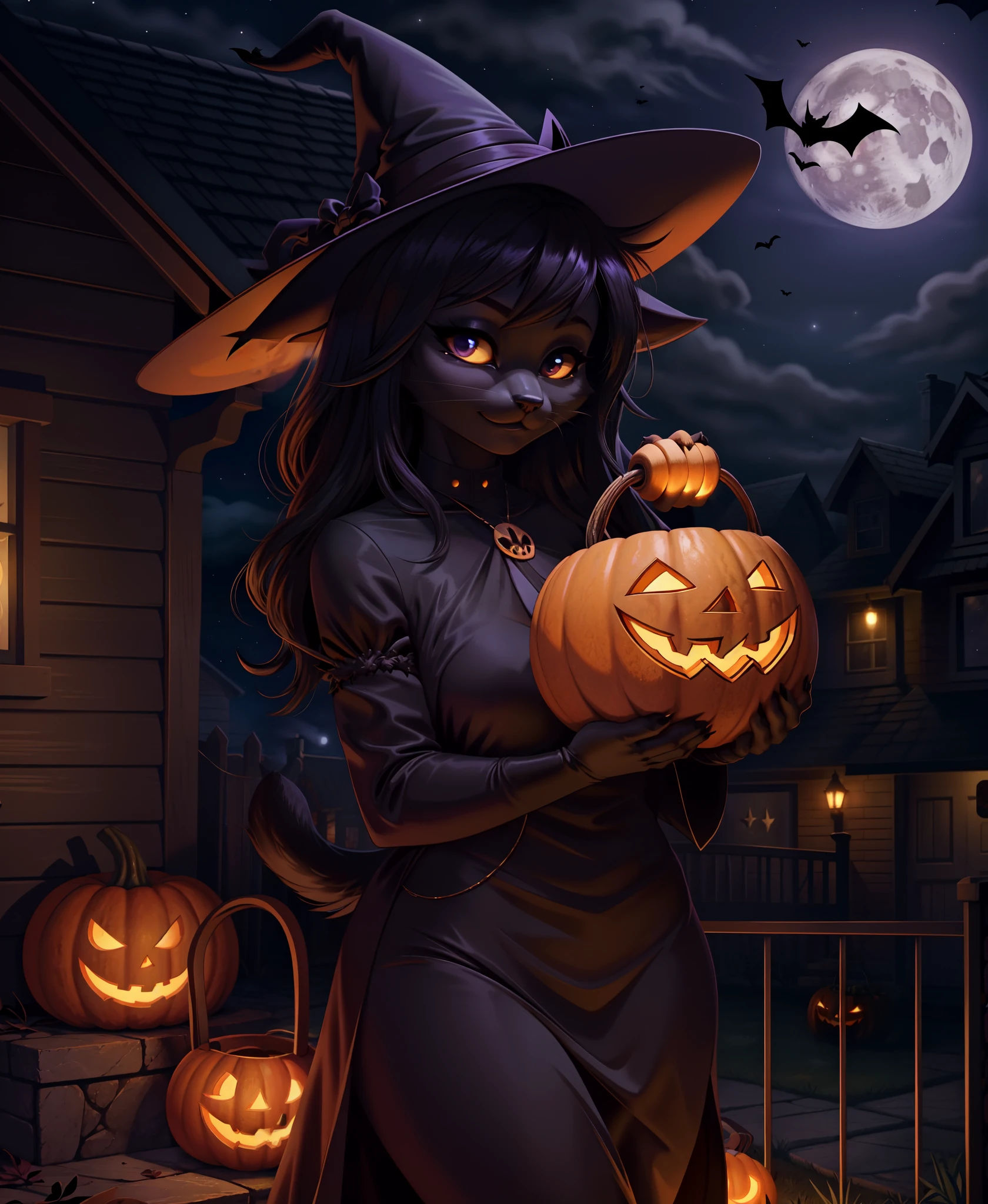 detailed background, a moonlit Halloween night with an enchanting atmosphere, a black cat dressed as a witch, (her sleek fur blending perfectly with the darkness), playfully teasing with every twist and turn, as she ventures from house to house, she embraces the spirit of "trick or treat" with a mischievous gleam in her eyes,