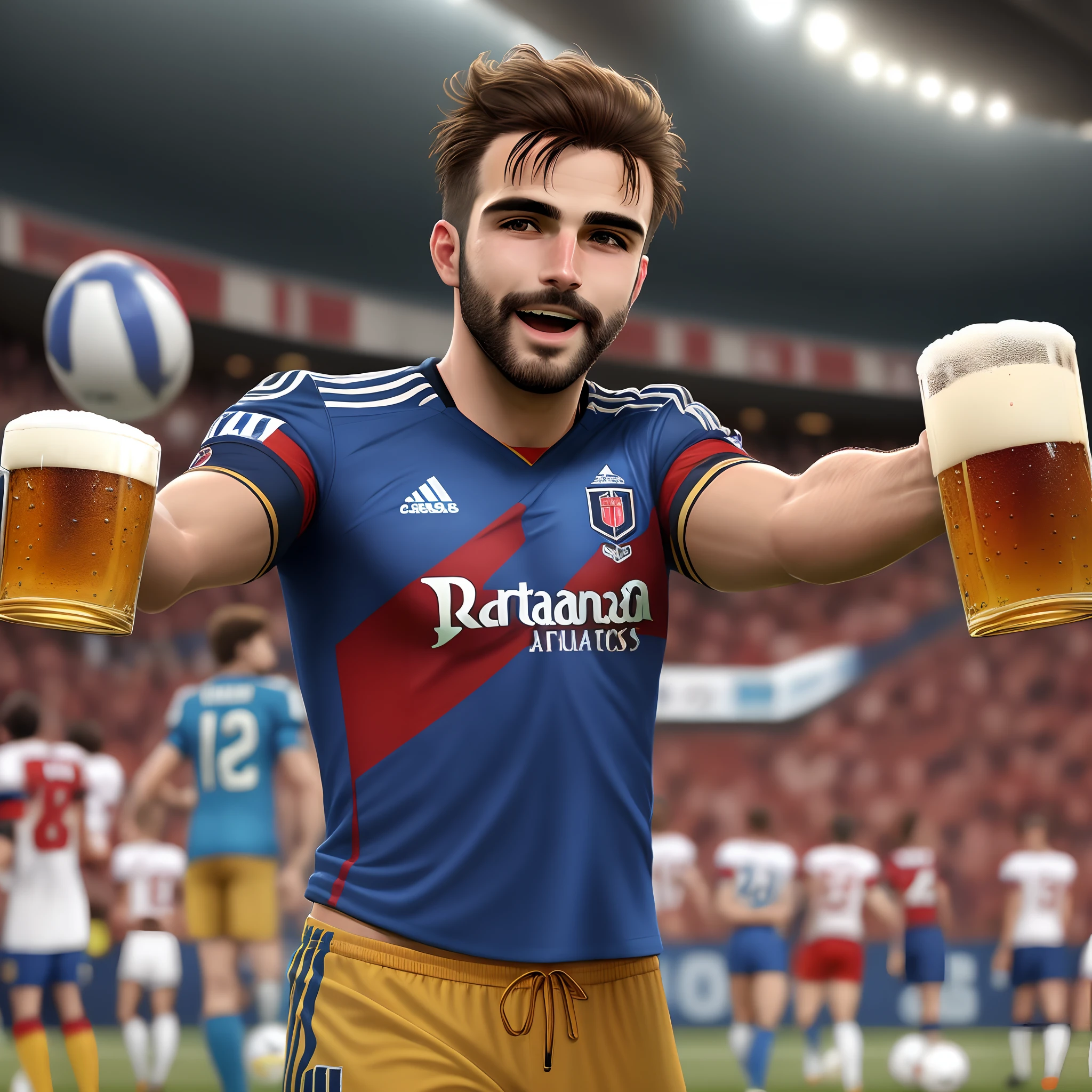UM HOMEM ESTILO DISNEY PIXAR, DE CABELO CURTO SEM FRANJA, PELE BRANCA OLHOS CASTANHOS E BARBA LONGA, VESTINDO CAMISETA VERMELHA E LISTRAS PRETAS, HOLDING A GLASS OF BEER IN A FOOTBALL STADIUM