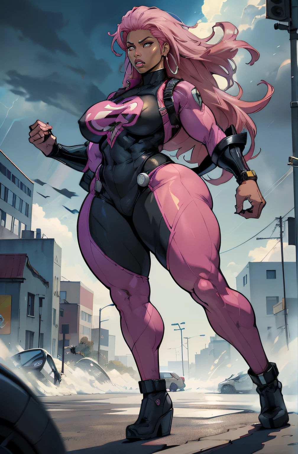 grey background, solo, 1 girl, super hero bodysuit, very long hair, pink hair, angry, brown eyes, earrings ((hanging breasts: 1.6)), ((thick thighs)), (full body), dark skin, storm from x-men