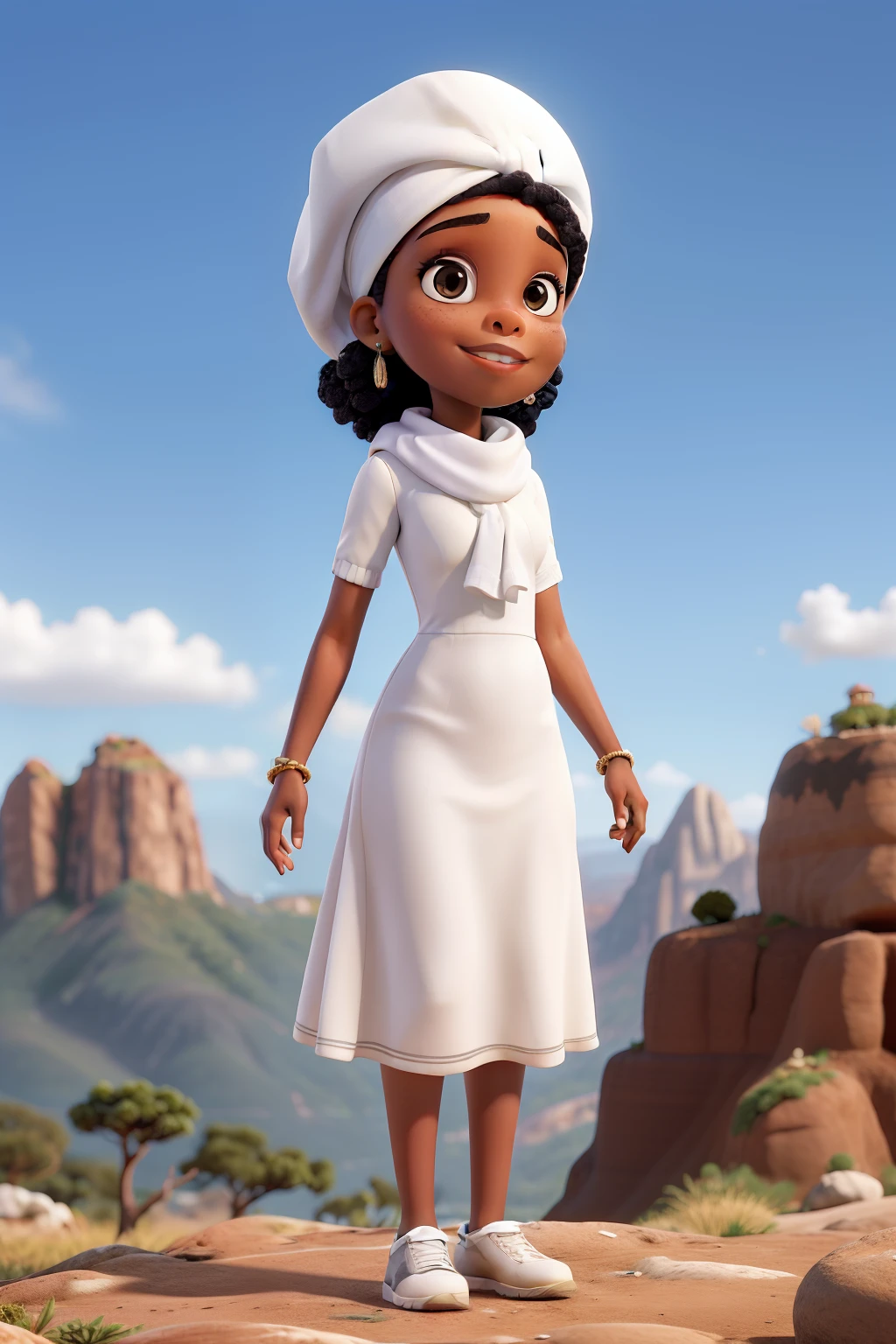 obra-prima, de melhor qualidade, A young black woman holding a microphone girl wearing a white dress and turban white scarf on her head, Standing in front of the mountain
