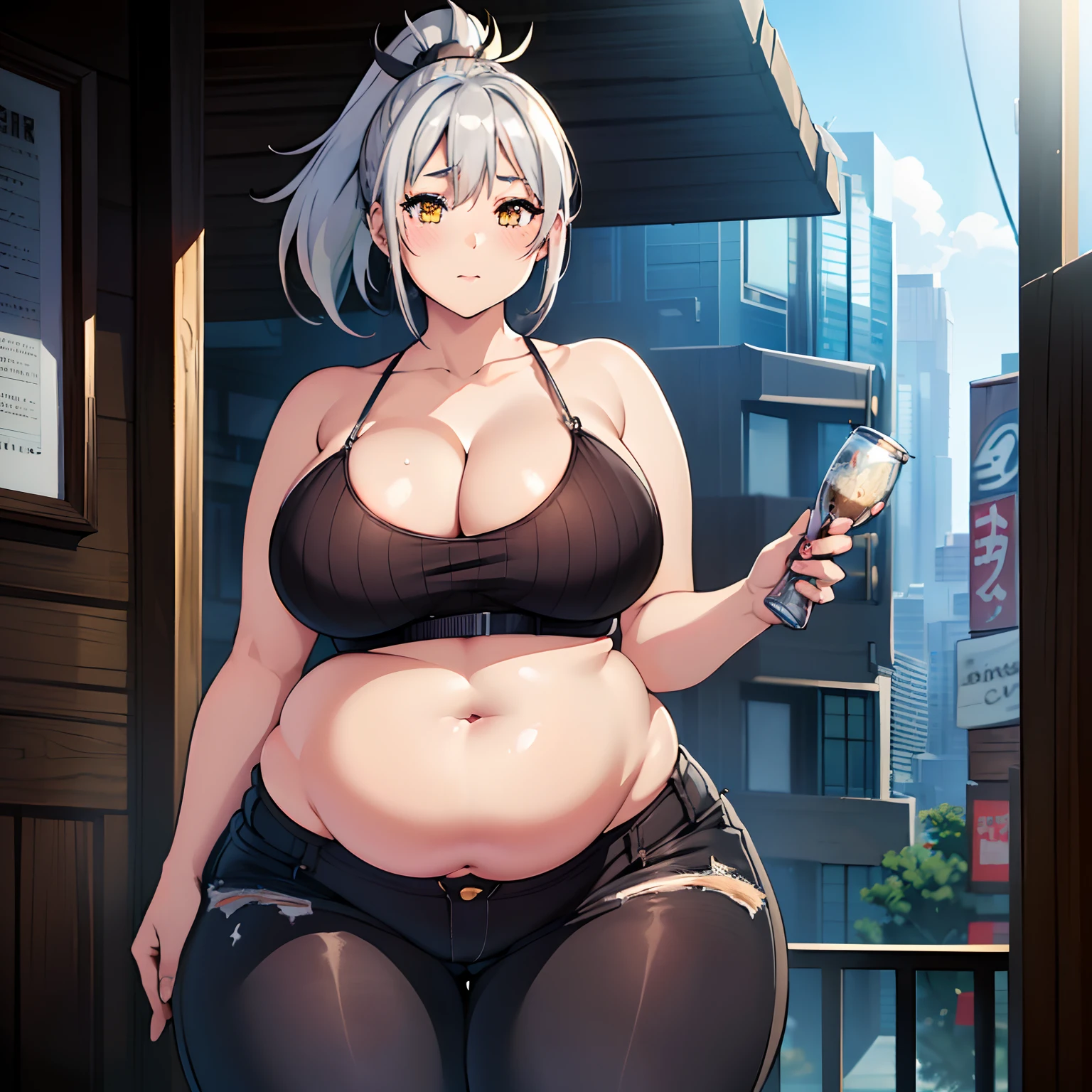 (((kipteitei art))), Masterpiece, high quality, best quality, beautiful, HD, perfect lighting, detailed face, detailed body, ((1girl)), ((solo)), ((silver hair)), medium hair, ponytail, (messy hair), yellow eyes, looking at viewer, happy, ((blush)), excited to see viewer, nervous smile, fidgety, tank top, black pants, ((skintight pants)), ((undersized clothes)), ((gigantic breasts)), ((cleavage)), perky breasts, ((undersized crop top)), ((((wide hips)))), ((thick thighs)), ((((thicc)))), ((((curvy)))), ((((plump)))), ((plump belly)), (((belly grab))), ((((belly hang)))), ((((((belly hangs over pants)))))), (hourglass), far future, futuristic buildings, outside, street, cyber-punk, neon lights, dynamic angle, facing to the side, 20 year old girl, all of her fat is in her belly