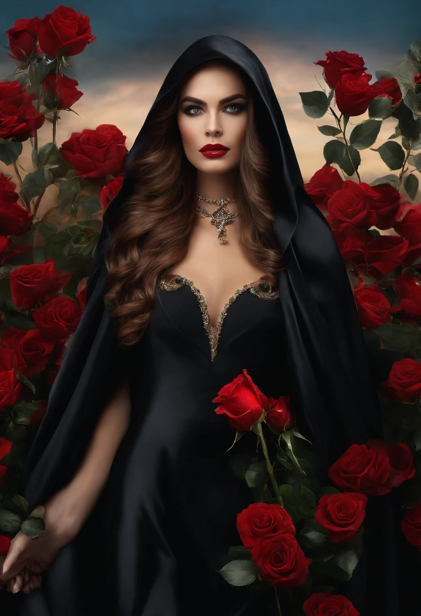 Mulher realista, com olhos azuis intimidadora, maquiagem forte, cabelos loiros ondulados, vestida com um vestido vermelho e preto decotado com detalhes dourados, a velvet hooded cape and a red rose in his hand. Maria Padilha, Cabaret