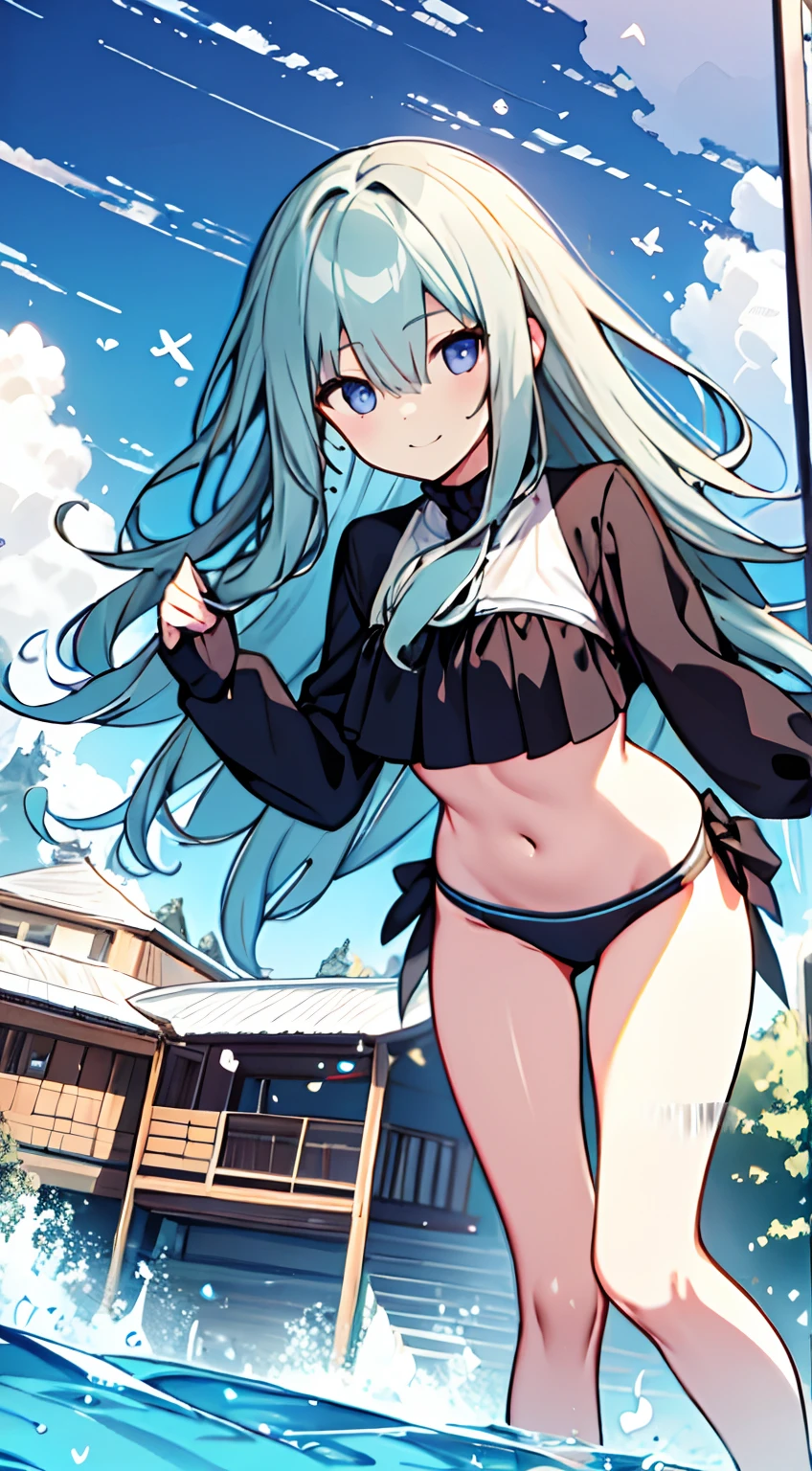 masuter piece, Best Quality,32K、Wallpaper, ultra -detail, Absurd beauty, 1beautiful girl、Big crisp eyes、Hair fluttering in the wind、Slender legs、Smaller head、miscievous smile、Angle looking down from above:1.3、♡♡♡、(Poses in motion)、The bikini、swimming pools:1.3、ample breasts