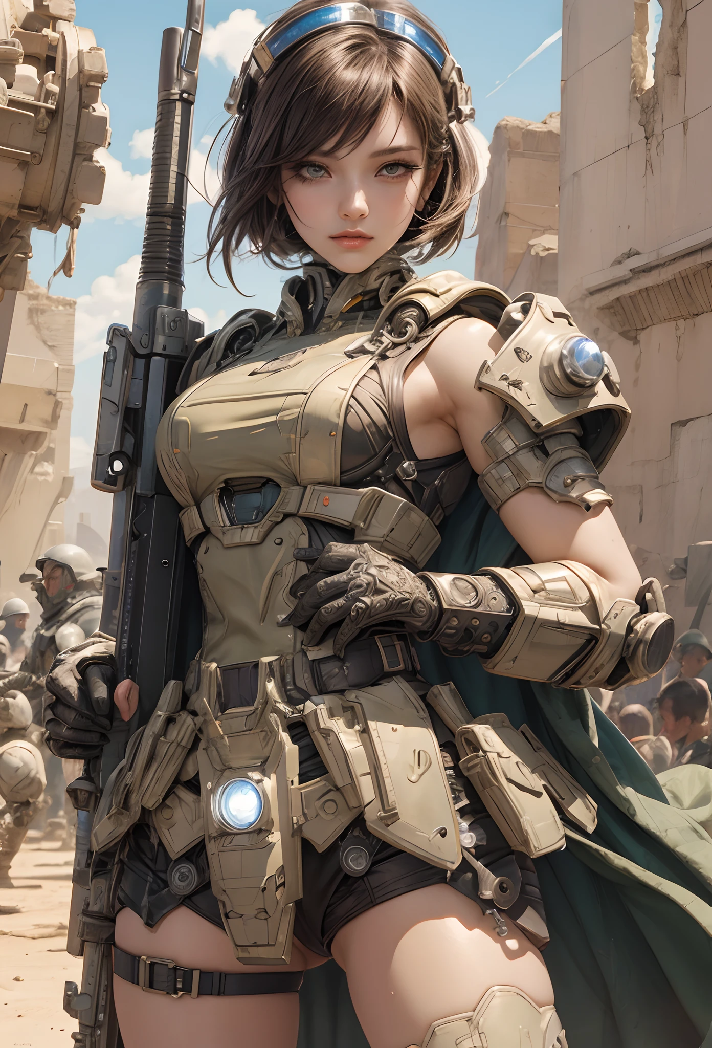 steampunk girl wearing armour holding a weapon standing next to a tank in the desert, hyper realistic, cute, dirty hair, half body