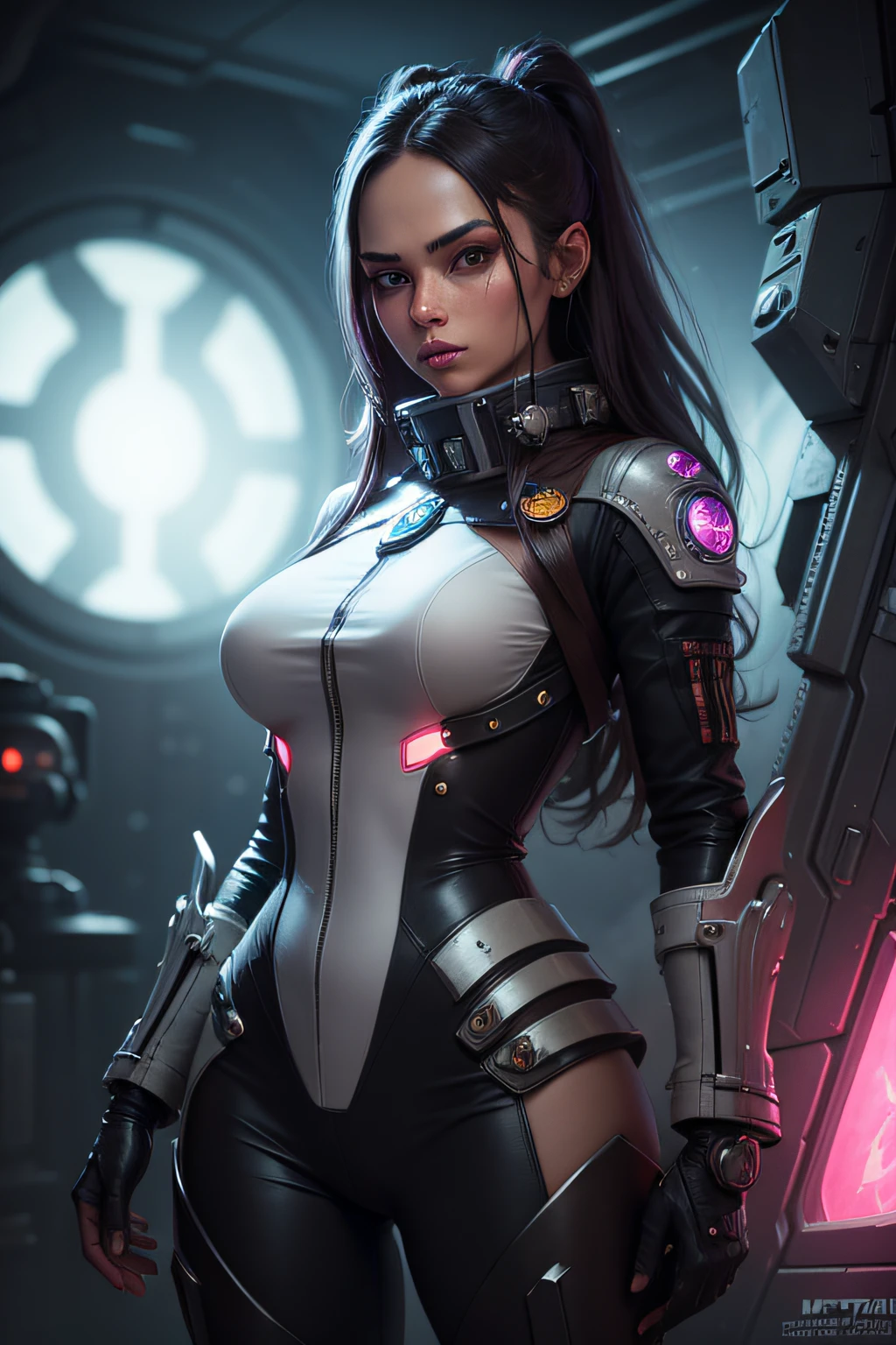 "Complete artwork masterpiece, high quality, ultra detailed in 4k, 8k, high resolution, hyper-realistic photo, hyper-detailed, realistic skin texture, amazing shadows, highly detailed background, extremely detailed texture, perfect lighting, high-level image quality." The female captain of a spaceship in Black Future armor, space Future, looking trough the ship's windows, space on the back, fair skin, full body pic, long black hair, brown eyes, defined face, small breasts, choker, use woman from reference picture as role model,