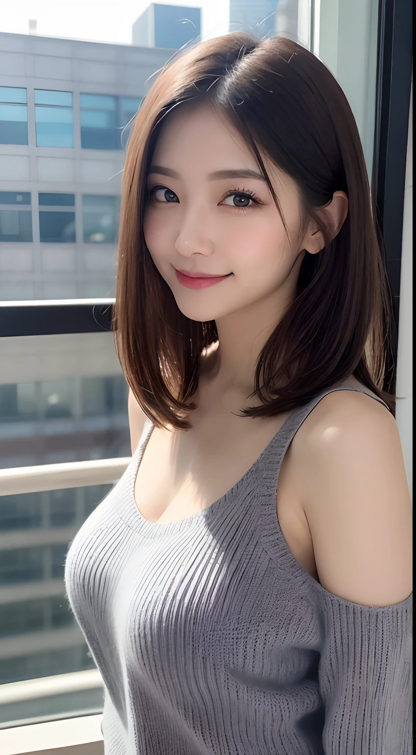 masutepiece, Best quality, Photorealsitic, finedetail, A high resolution, 8K wallpapers, Perfect dynamic composition, Beautiful detailed eyes, Medium hair, Large full breasts, Random and sexy pose,Random cases、(Skinny gray knitwear)、(Breast bulge 1.2)、A smile、view over city、25 age old、(Drooping eyes 1.3)、Adult beauty、jpn