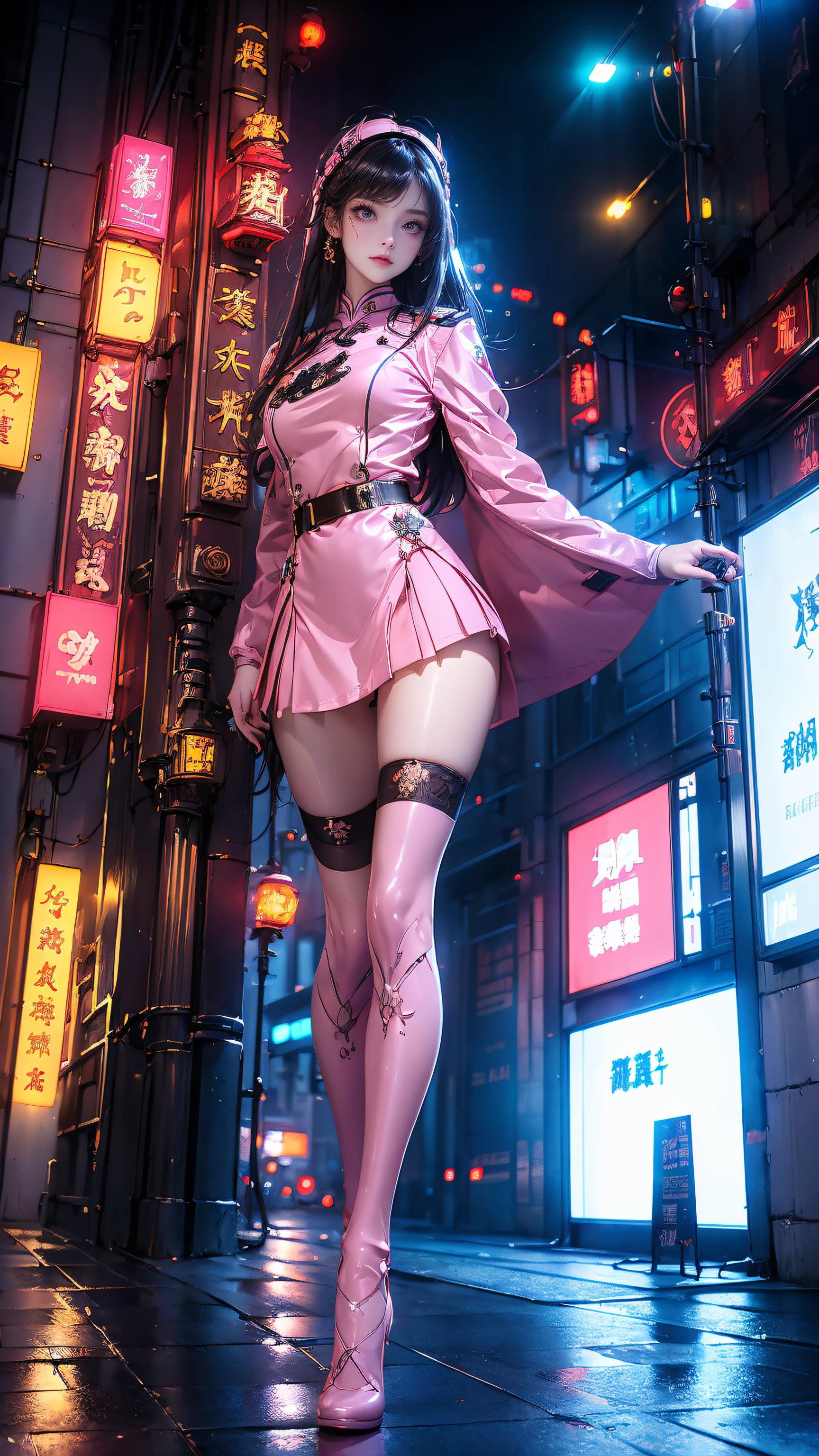 Masterpiece,Best quality,A high resolution, 1girll,From below,(Very thin and straight legs),,(Very long legs,Straight legs),,High heels,long leges,standing on your feet, Long legs as seen from the front, Perfect body,with perfect legs,(exteriors),full bodyesbian,cyber punk perssonage,dynamicposes,1girll,Elaborate Eyes,Brown eyes,eye shadows,putting makeup on,long whitr hair, 详细的脸, Detailed eyes, looking at viewert, blusher\(putting makeup on\), full pouty lips, Redlip,(long whitr hair:1.3), (standing on your feet)Mechanically static,Mechanical summoning,(hair adornments:1.1),head gear,((((Pink suit school uniform,Pink school uniform)))),(black lence stockings,Stocking suspenders),城市,Luminescent windings,Glowing butterflies,Cyberpunk lights:1.1),neonlight,Fully mechanical and futuristic elements,technologies,The background is a traditional Chinese street,china town, the street, Skysky, cyber punk perssonage, paper lanterns, Neon Super Resolution,(真实感:1.3),1(Slim:1.2),dramatic lights,vibrant detail,Luxurious cyberpunk,the complex background,rendering by octane,