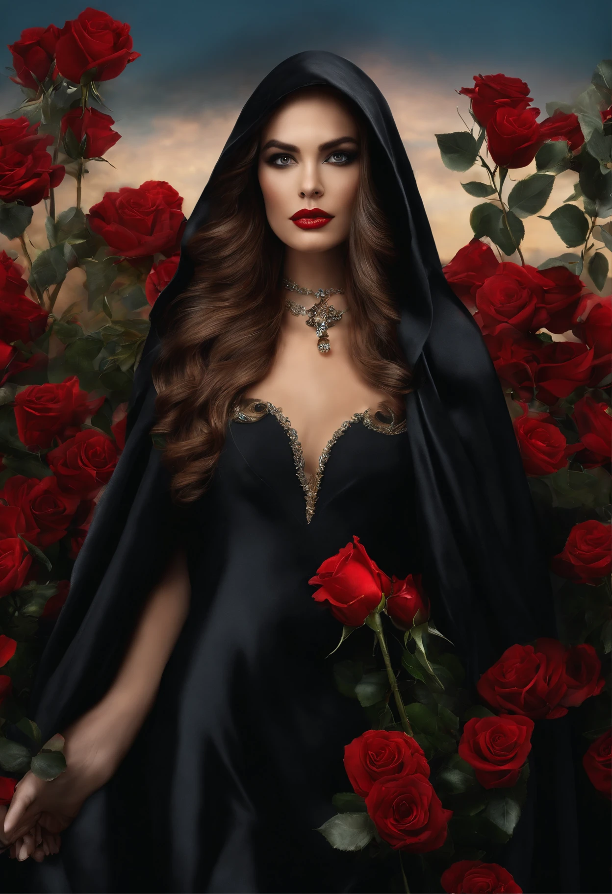 Mulher realista, com olhos azuis intimidadora, maquiagem forte, cabelos loiros ondulados, vestida com um vestido vermelho e preto decotado com detalhes dourados, a velvet hooded cape and a red rose in his hand. Maria Padilha, Cabaret